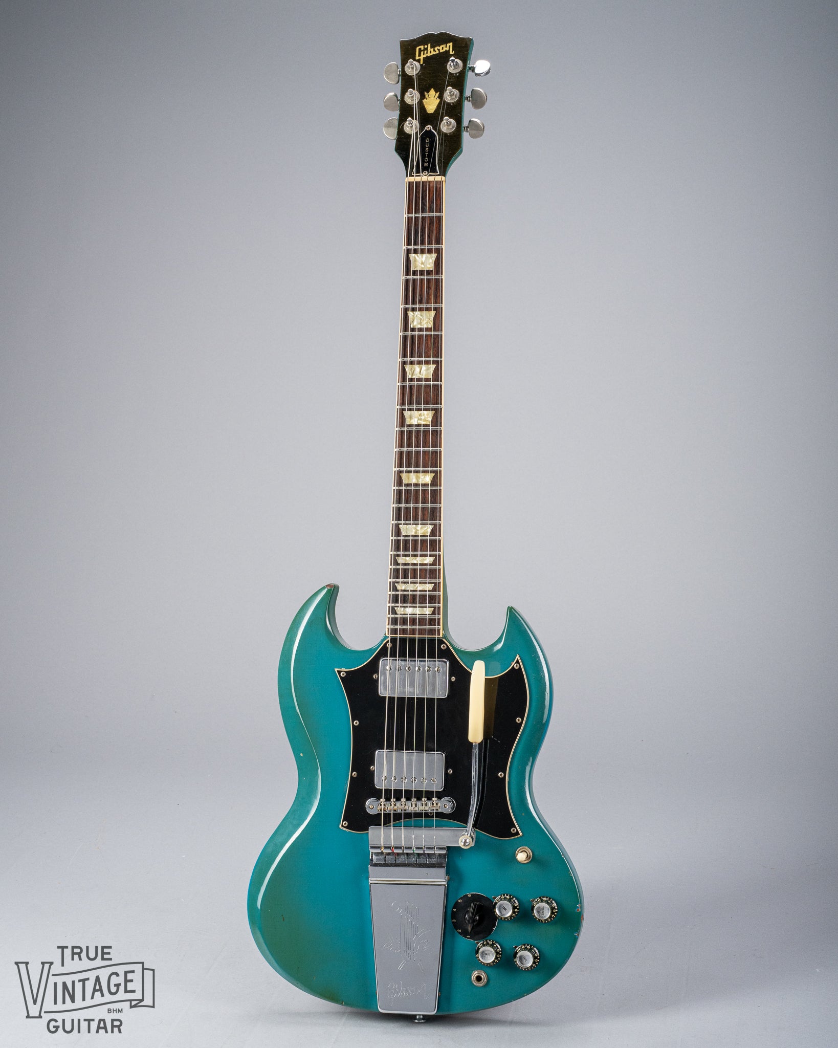 Full vertical picture of the 1971 Gibson SG Standard blue turquoise custom finish electric guitar