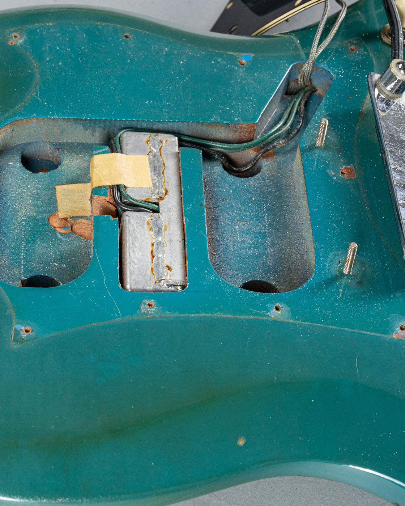 1971 Gibson SG Standard Custom Blue pickup routes, wiring, and screw holes