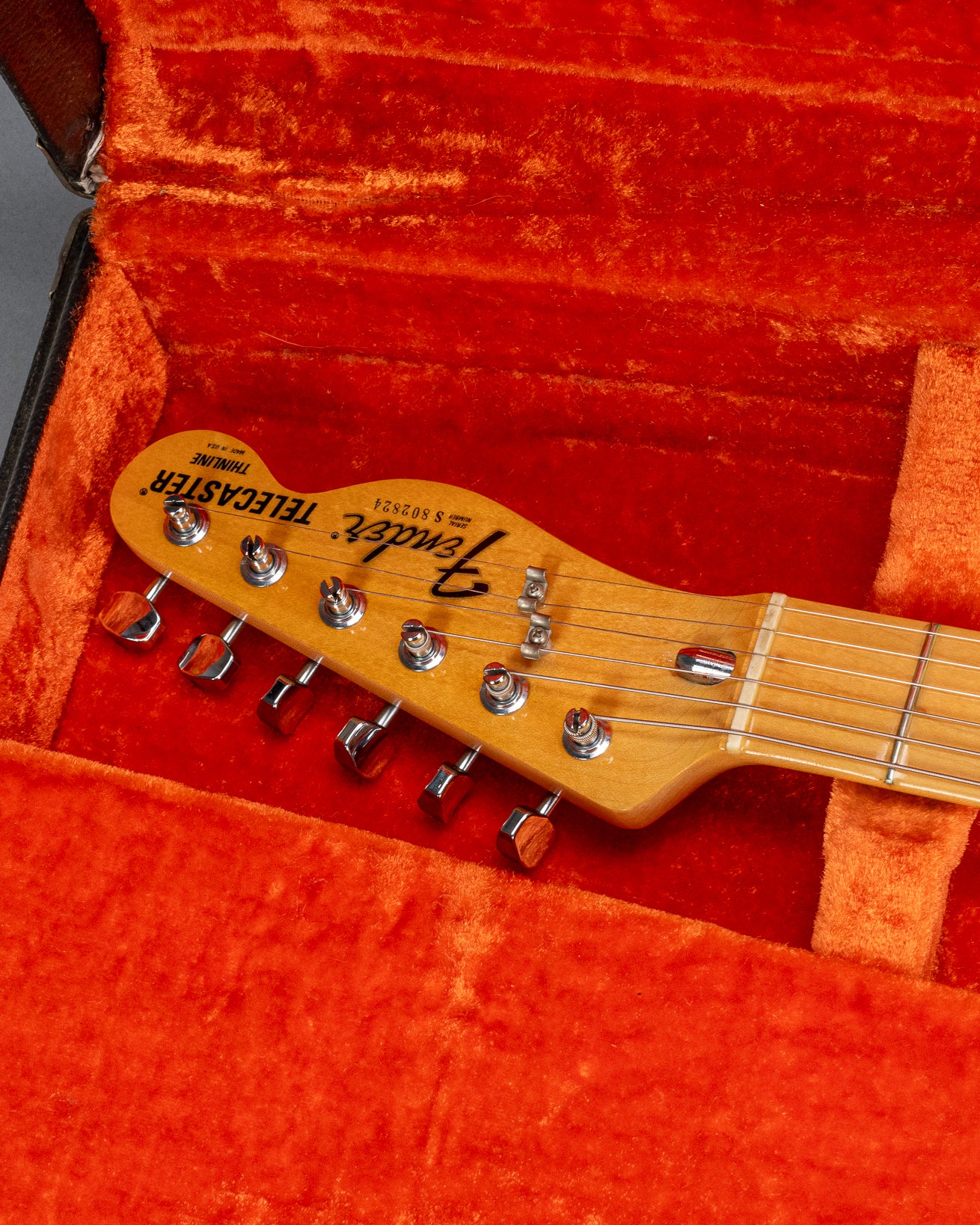 front of 1978 Fender Telecaster Thinline Black guitar semi hollow headstock in original case
