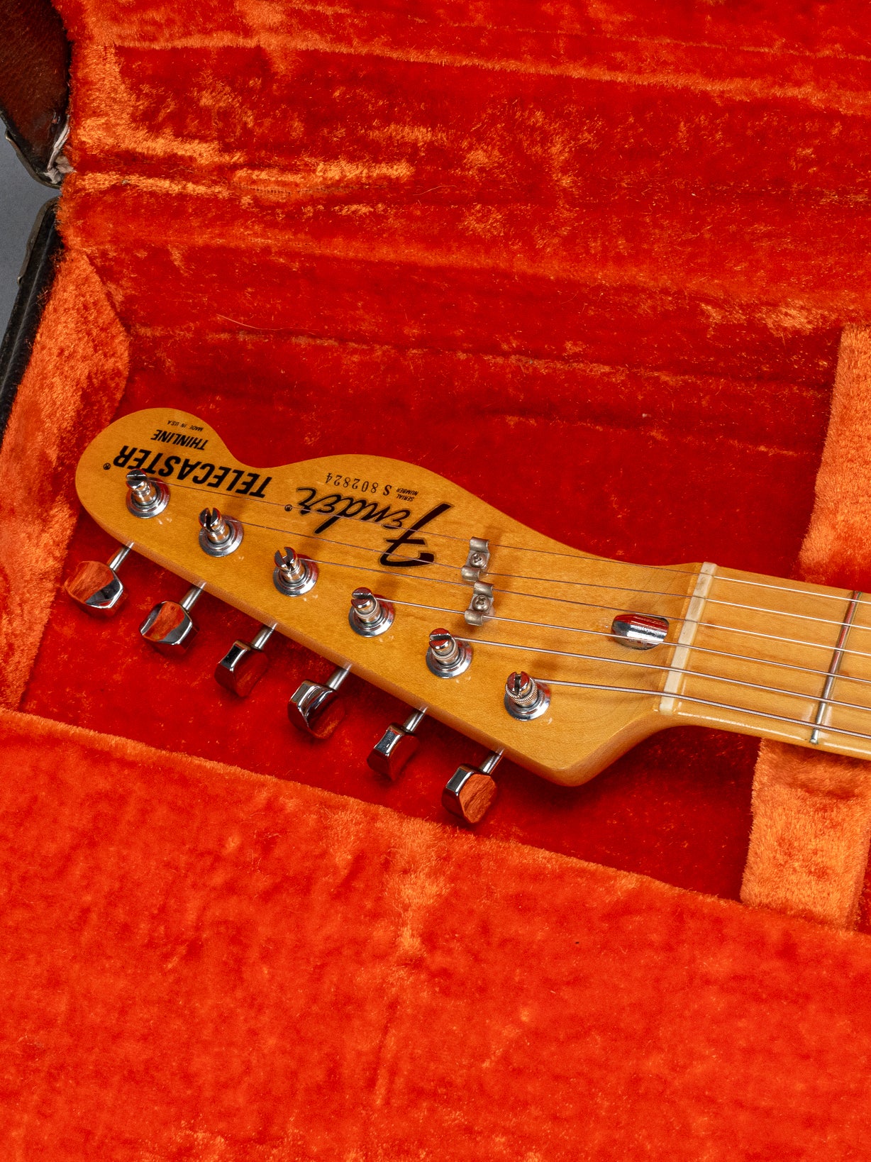 front of 1978 Fender Telecaster Thinline Black guitar semi hollow headstock in original case