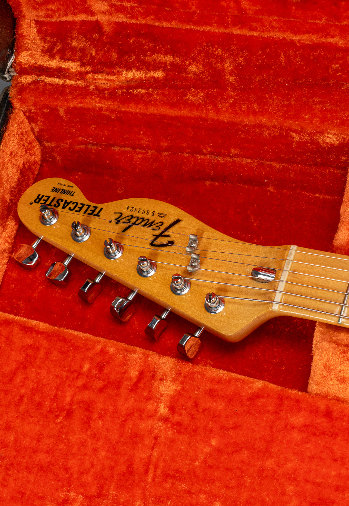 front of 1978 Fender Telecaster Thinline Black guitar semi hollow headstock in original case