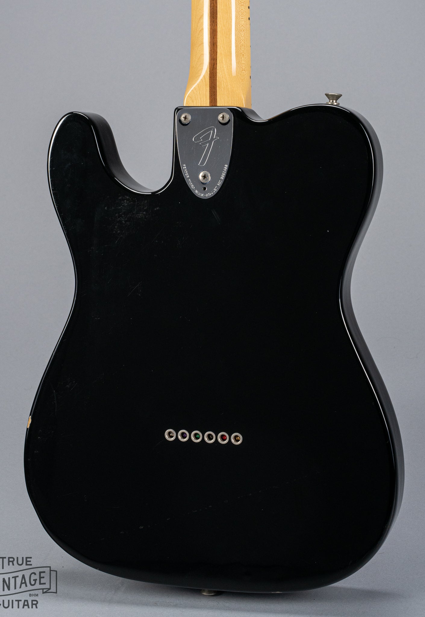 back of 1978 Fender Telecaster Thinline Black guitar body semi hollow 3 bolt