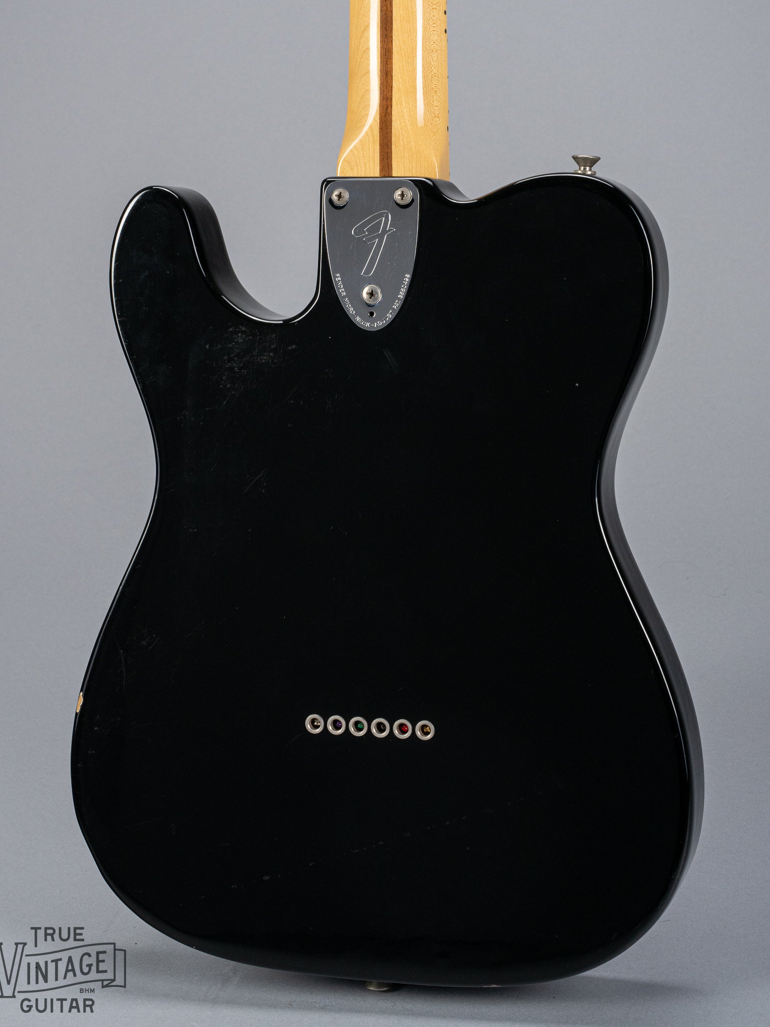 back of 1978 Fender Telecaster Thinline Black guitar body semi hollow 3 bolt