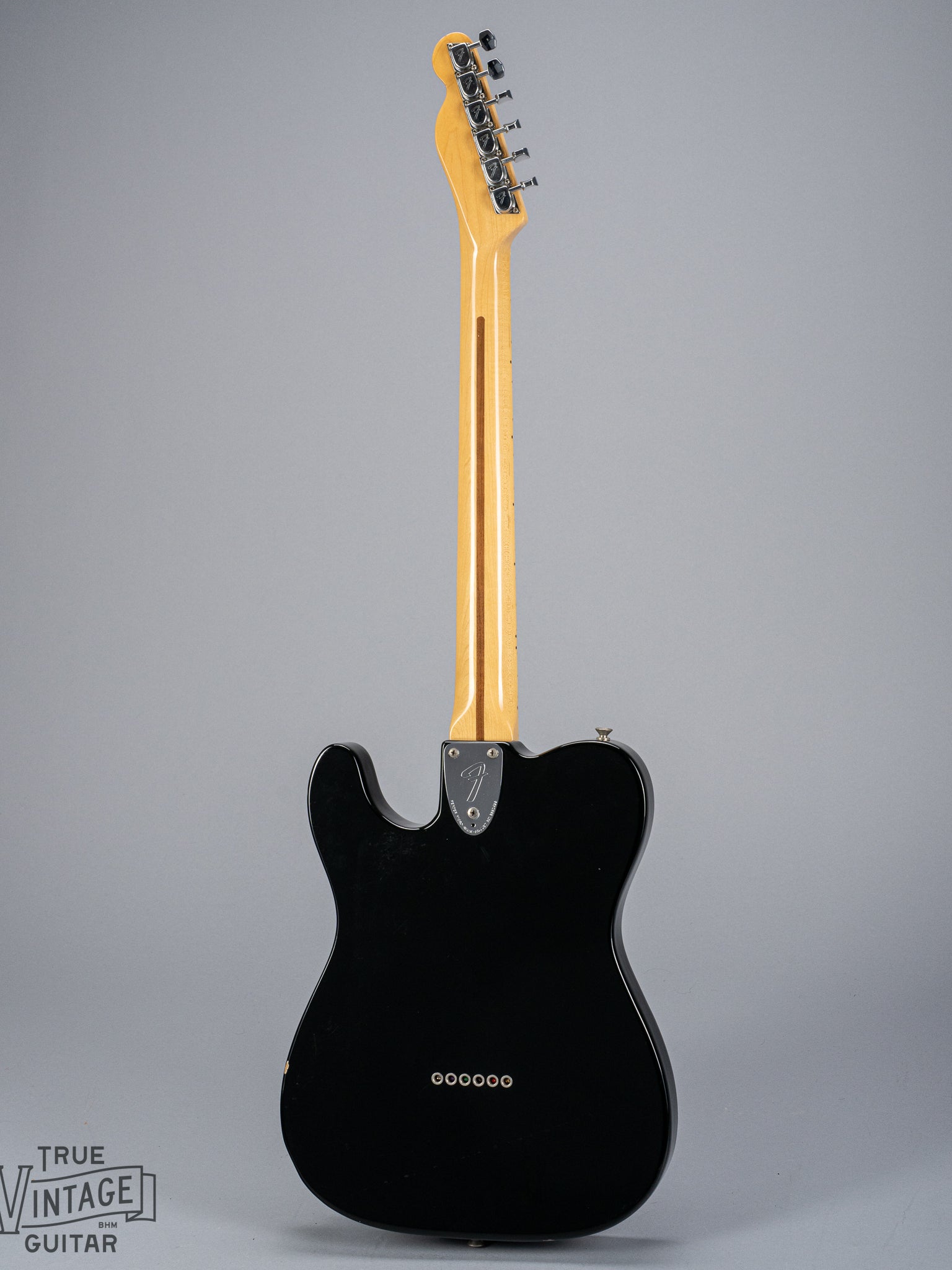 back of 1978 Fender Telecaster Thinline Black guitar body semi hollow 3 bolt neck and headstock tuners
