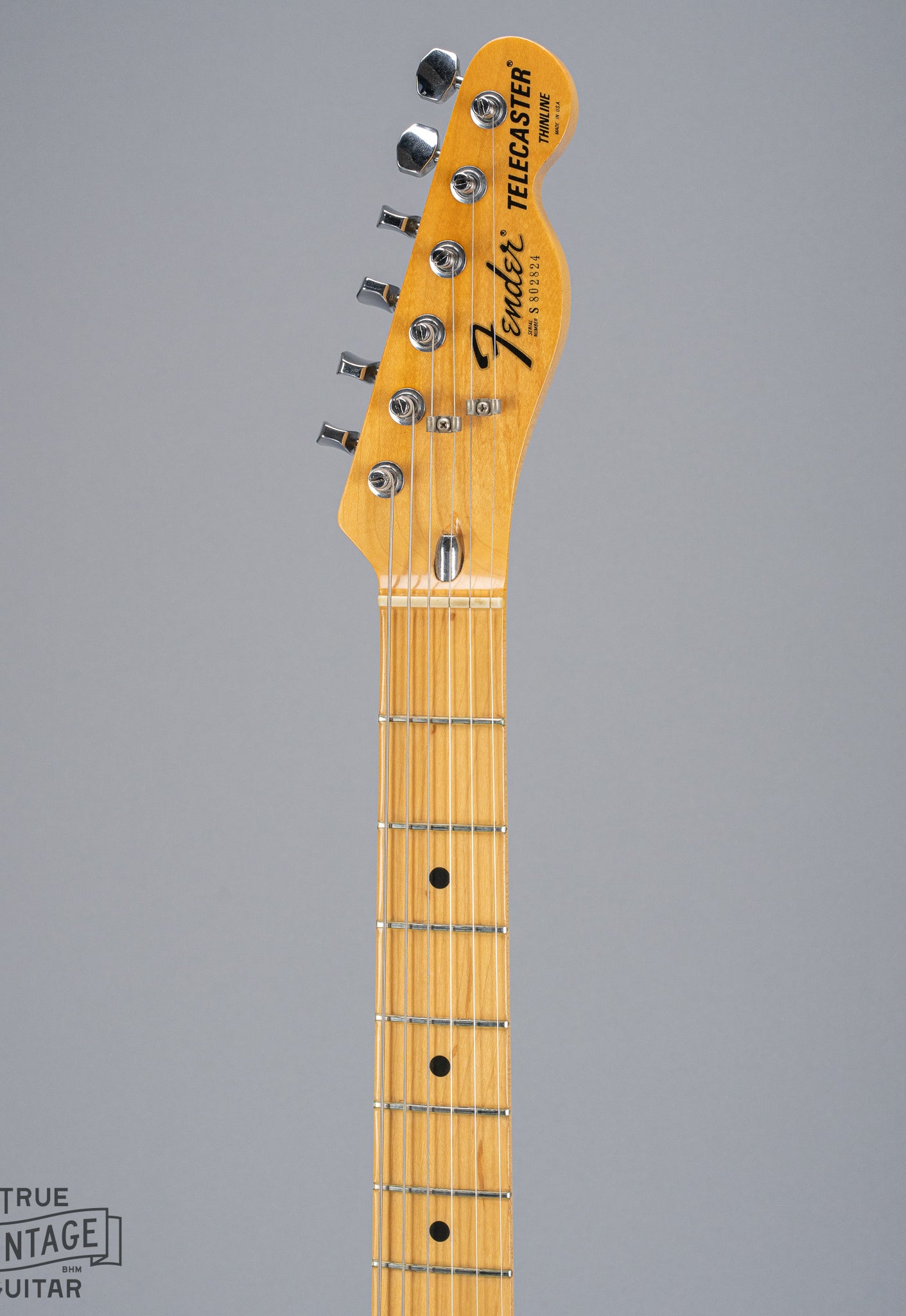 front of 1978 Fender Telecaster Thinline Black guitar neck and headstock