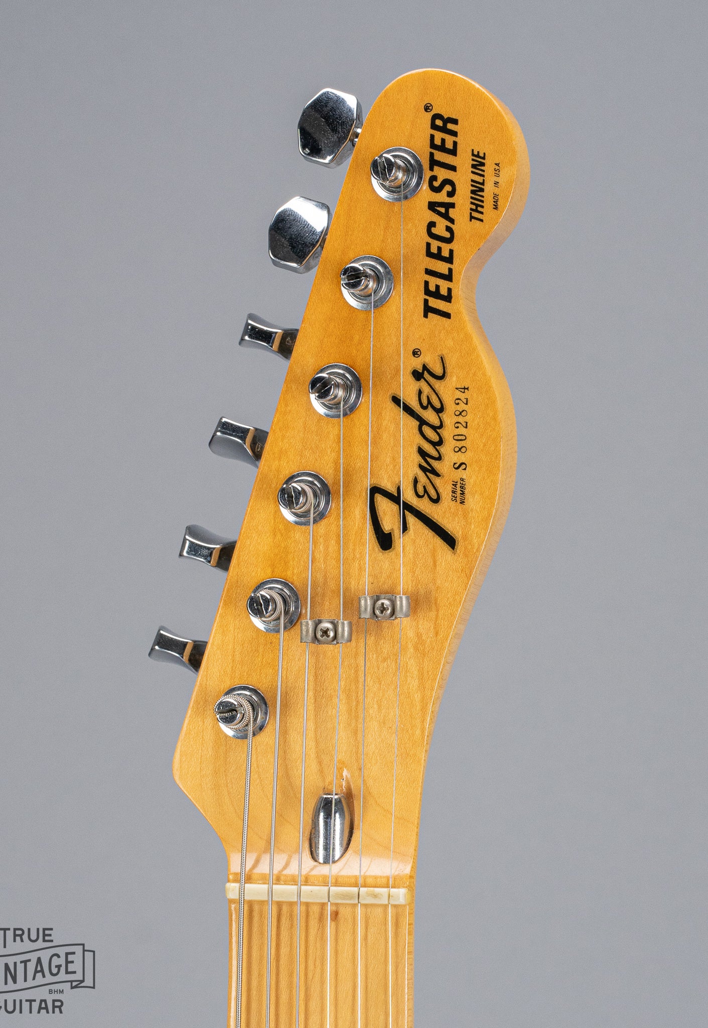 front of 1978 Fender Telecaster Thinline Black guitar headstock fender logo bullet adjustment tuners