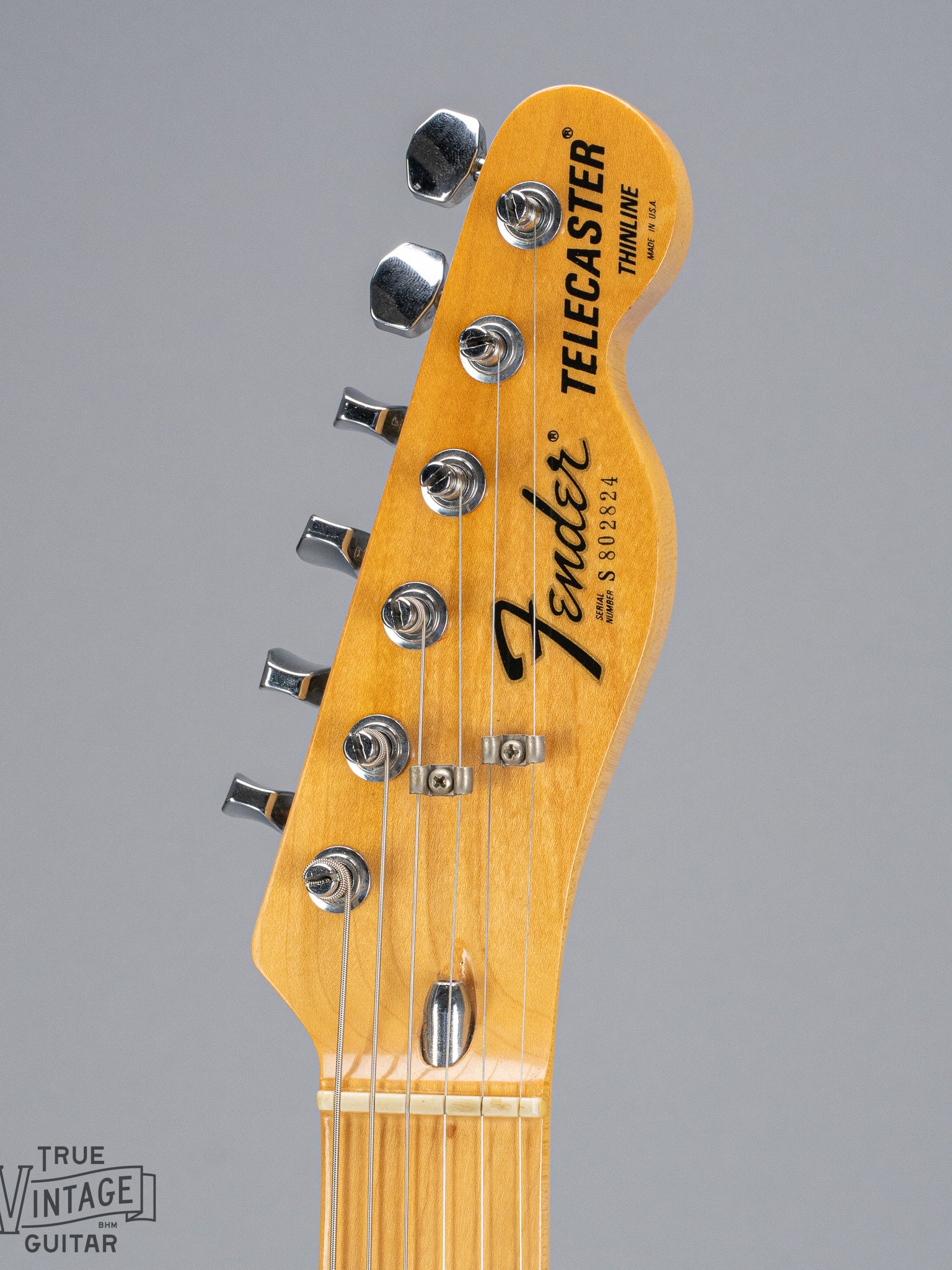 front of 1978 Fender Telecaster Thinline Black guitar headstock fender logo bullet adjustment tuners