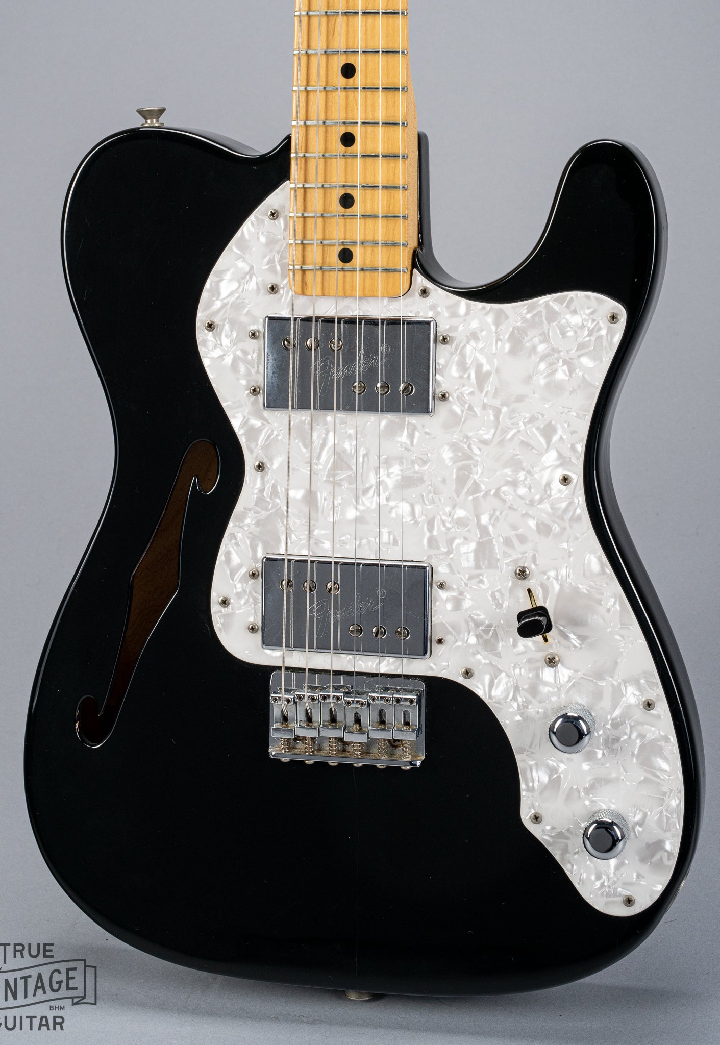 front of 1978 Fender Telecaster Thinline Black guitar body semi hollow humbuckers sparkle guard