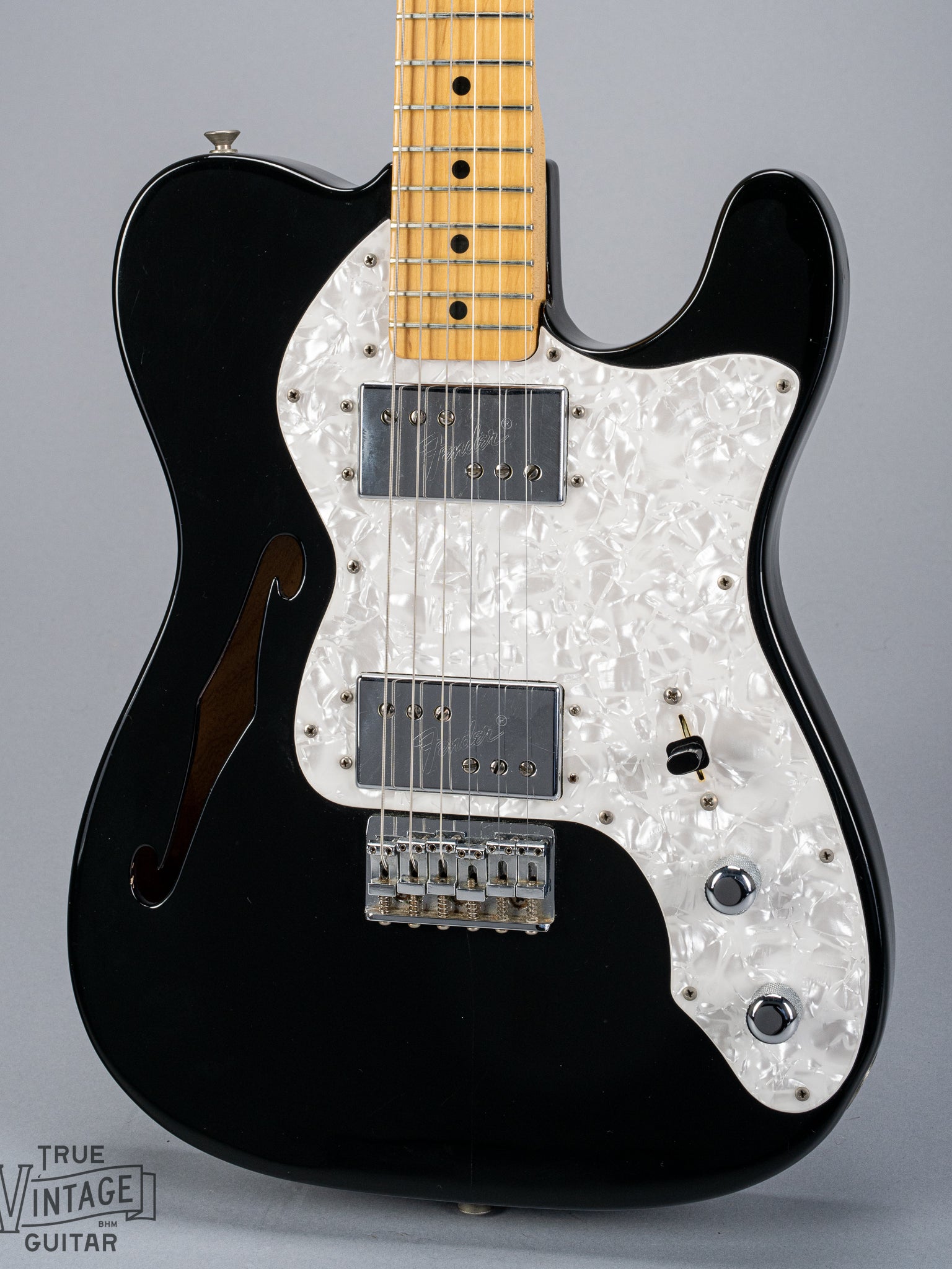 front of 1978 Fender Telecaster Thinline Black guitar body semi hollow humbuckers sparkle guard