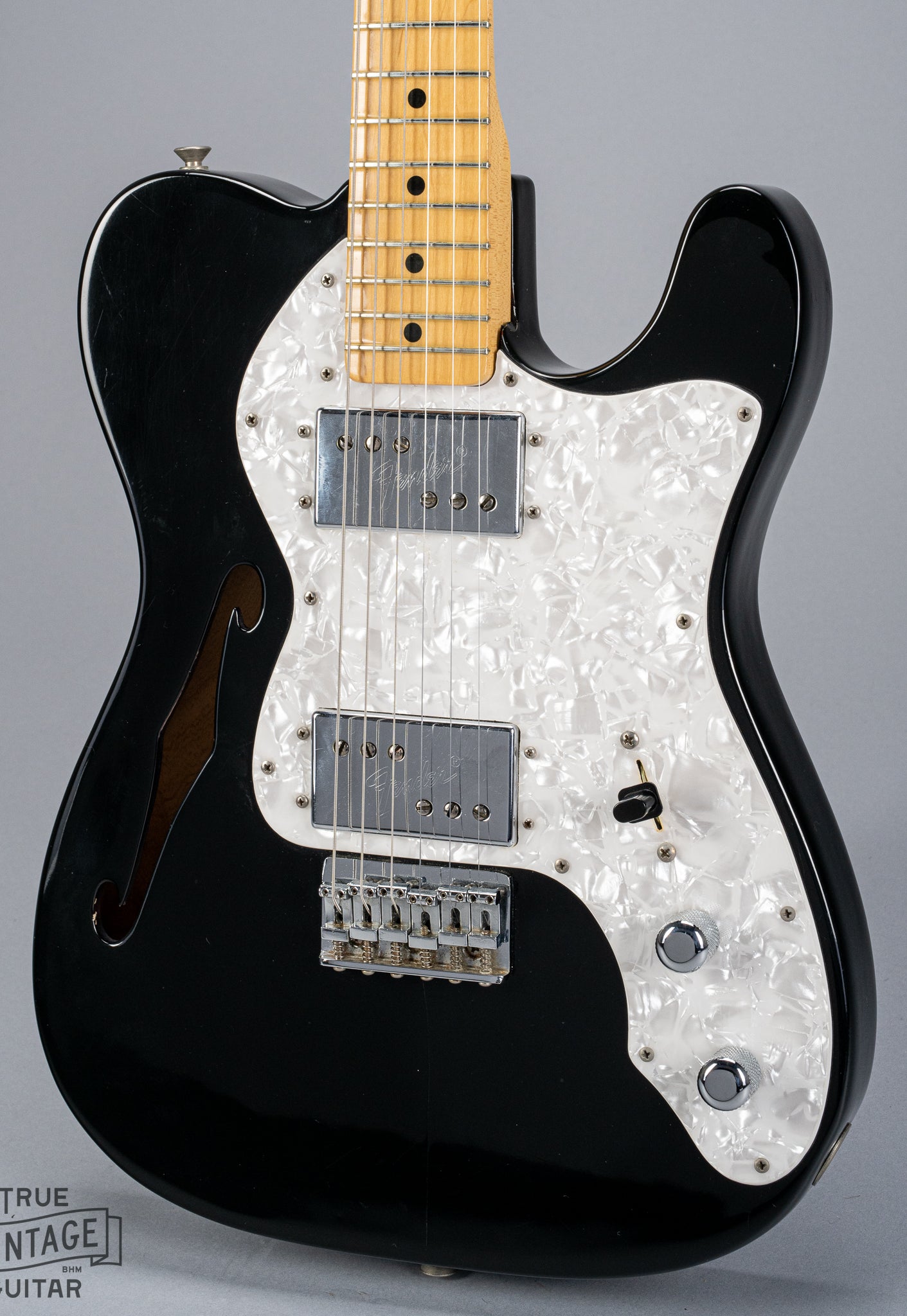 front of 1978 Fender Telecaster Thinline Black guitar body semi hollow humbuckers sparkle guard