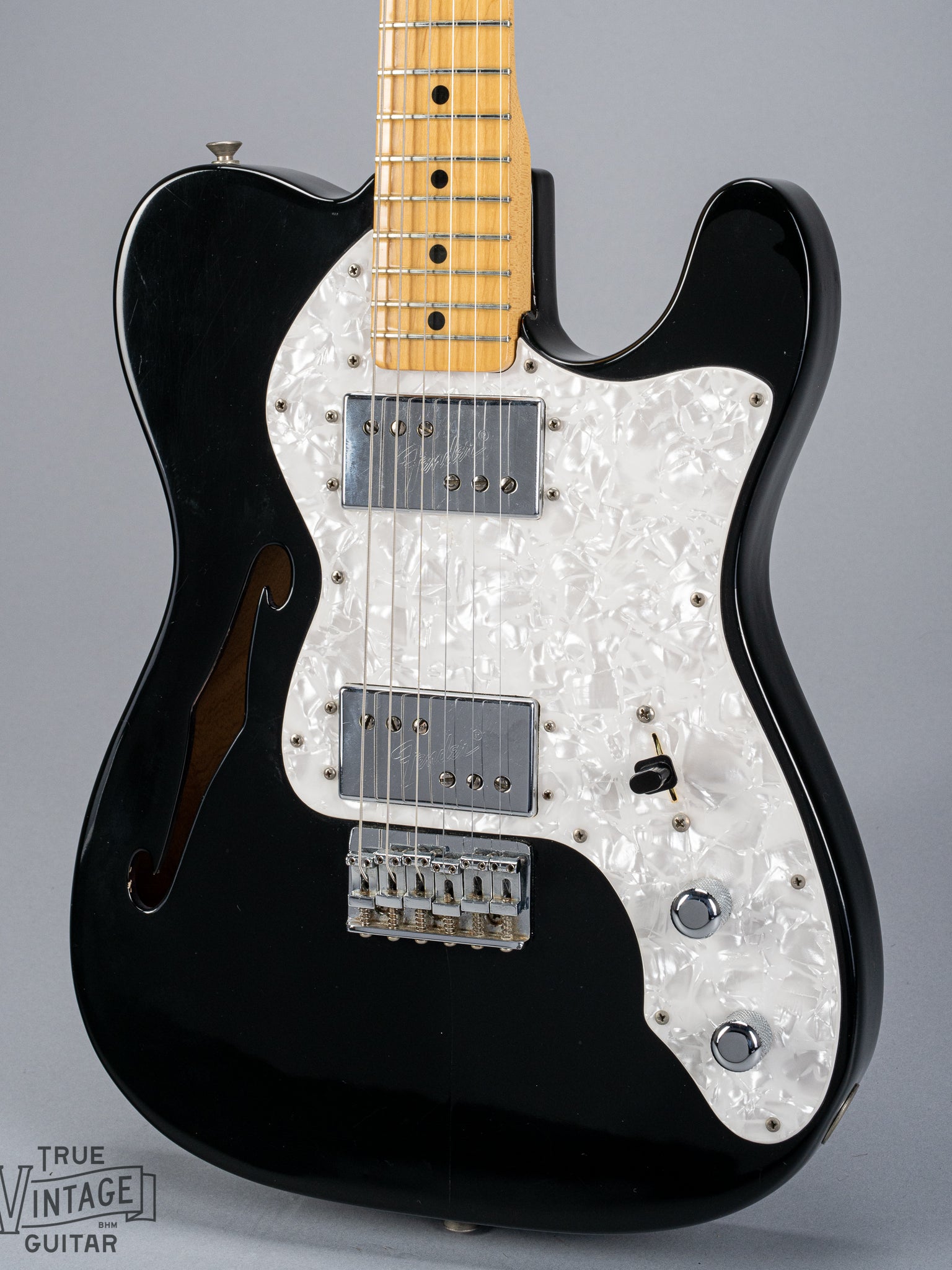 front of 1978 Fender Telecaster Thinline Black guitar body semi hollow humbuckers sparkle guard