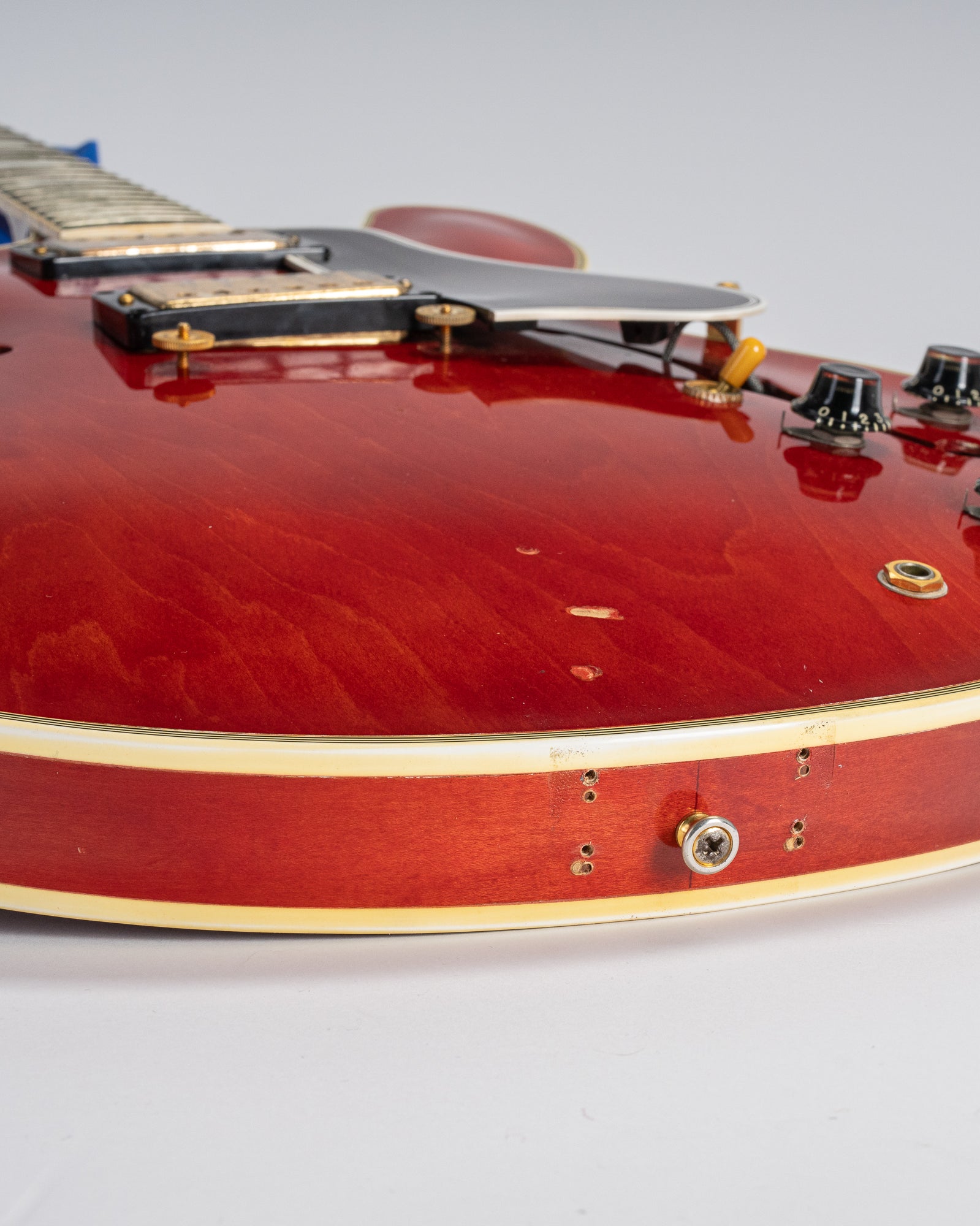 1959 Gibson ES-355 T Mono Cherry Watermelon red guitar sideways vibrola screw holes