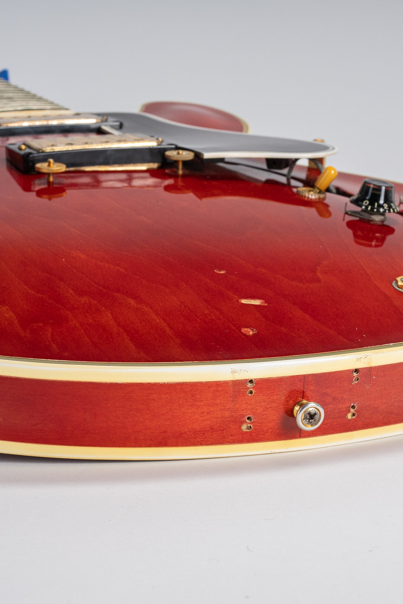 1959 Gibson ES-355 T Mono Cherry Watermelon red guitar sideways vibrola screw holes