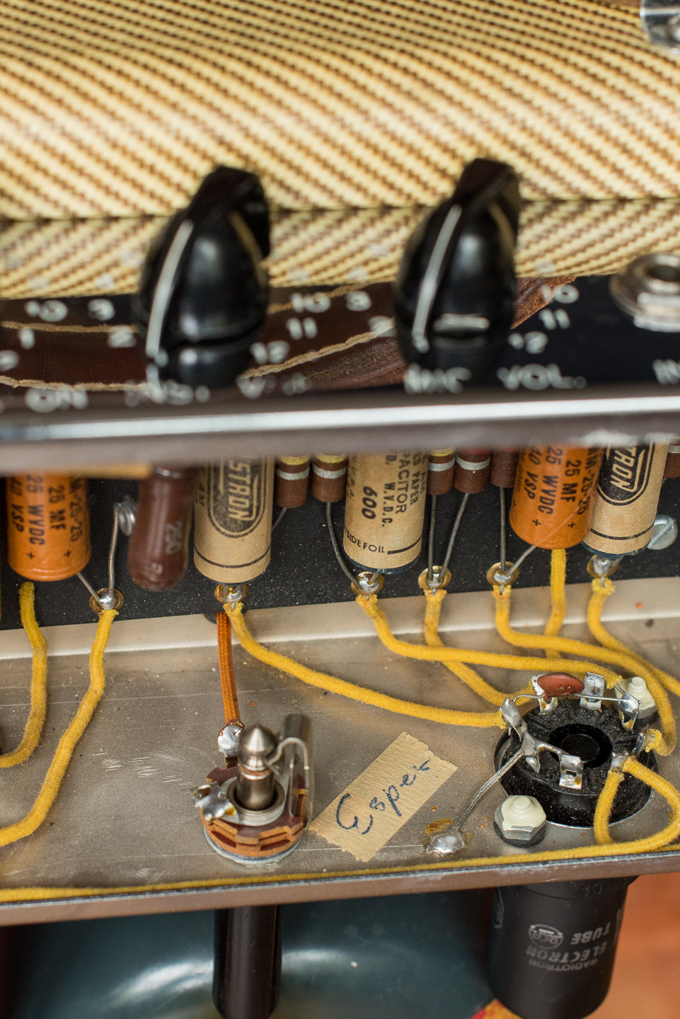 Esper tape signature, Vintage 1953 Fender Deluxe Amplifier, tweed