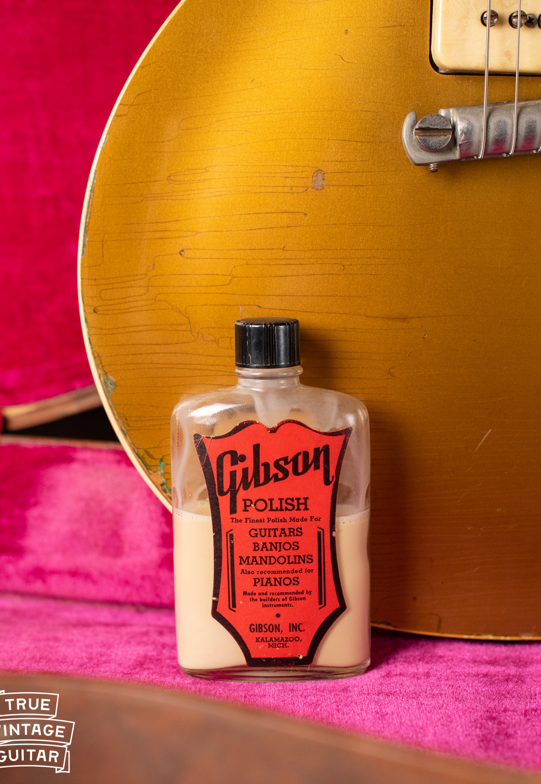 1950s Gibson polish bottle, Vintage 1954 Gibson Les Paul goldtop