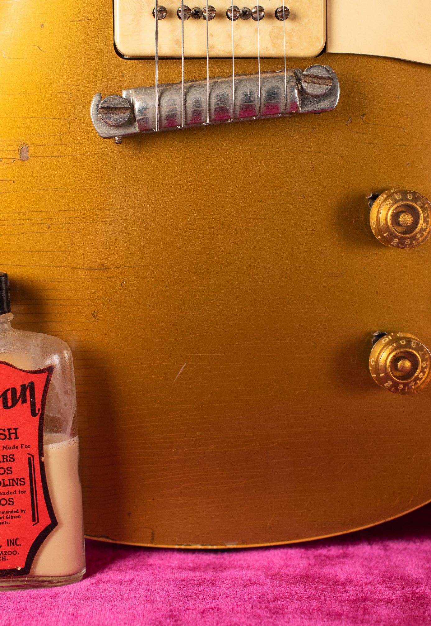 1950s Gibson polish bottle, Vintage 1954 Gibson Les Paul goldtop