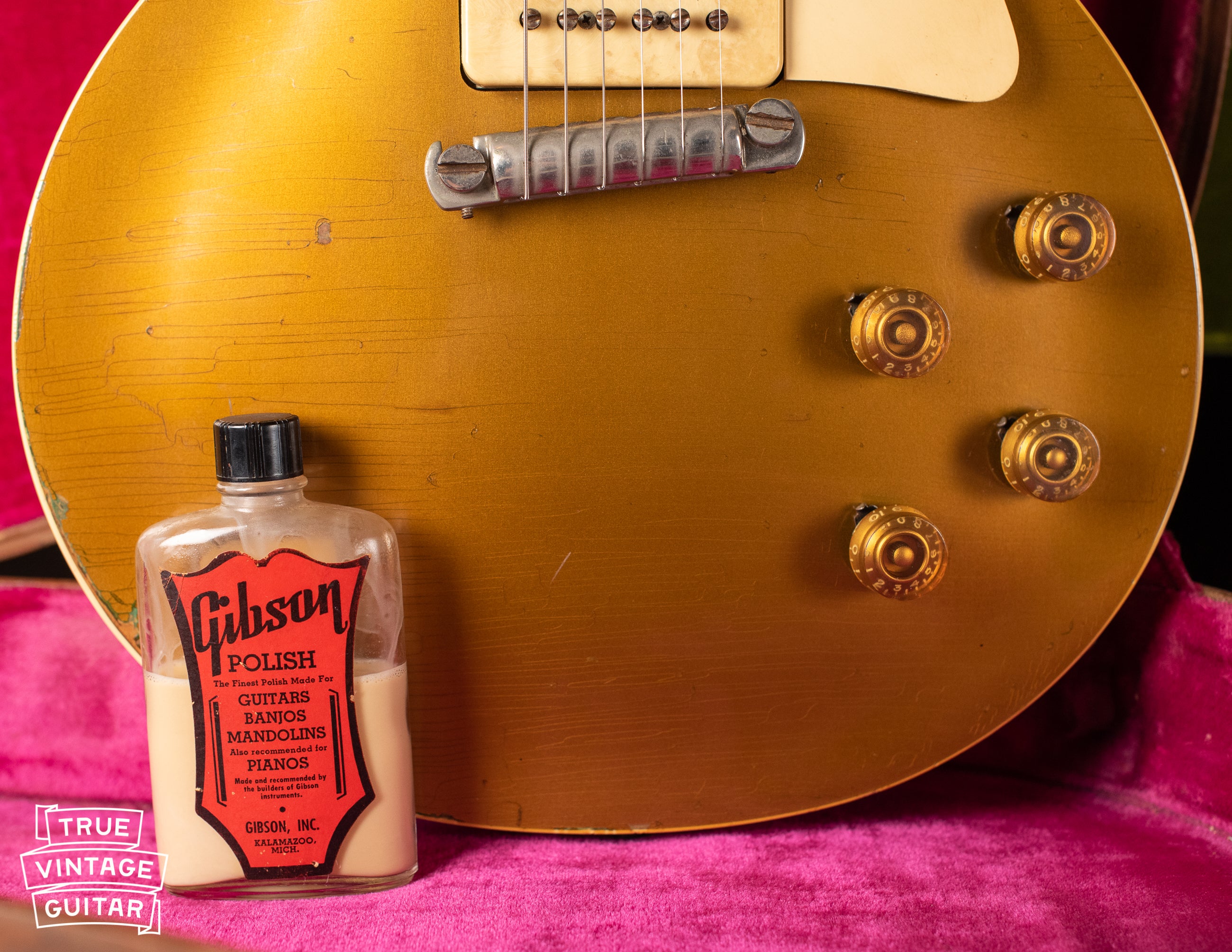 1950s Gibson polish bottle, Vintage 1954 Gibson Les Paul goldtop