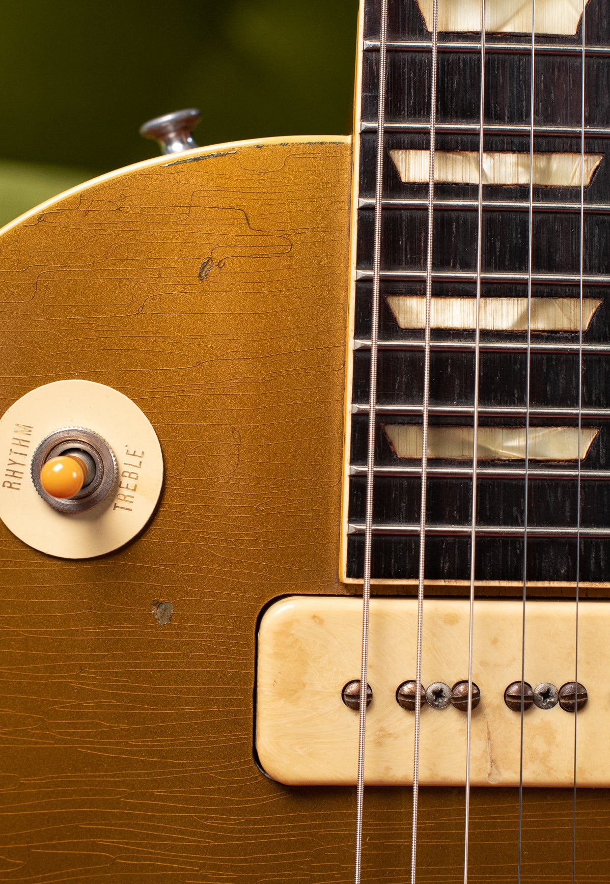Rhythm Treble switch ring, Historic Makeovers Catalin switch tip, Vintage 1954 Gibson Les Paul goldtop