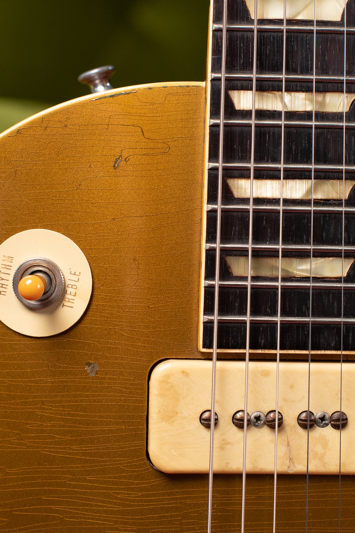 Rhythm Treble switch ring, Historic Makeovers Catalin switch tip, Vintage 1954 Gibson Les Paul goldtop