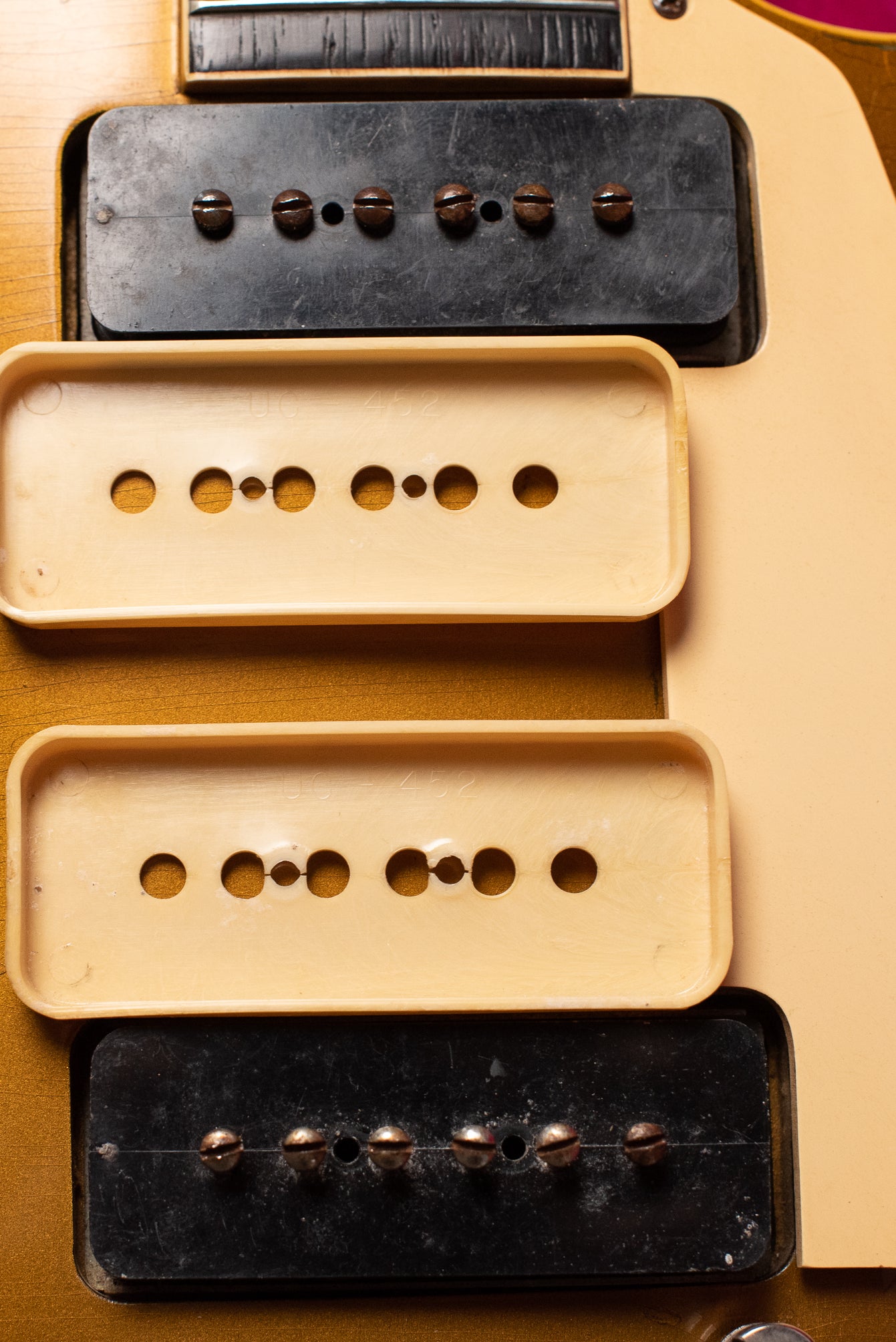 Cream P-90 pickup covers, Rare multicolor swirl pickup covers, Vintage 1954 Gibson Les Paul goldtop