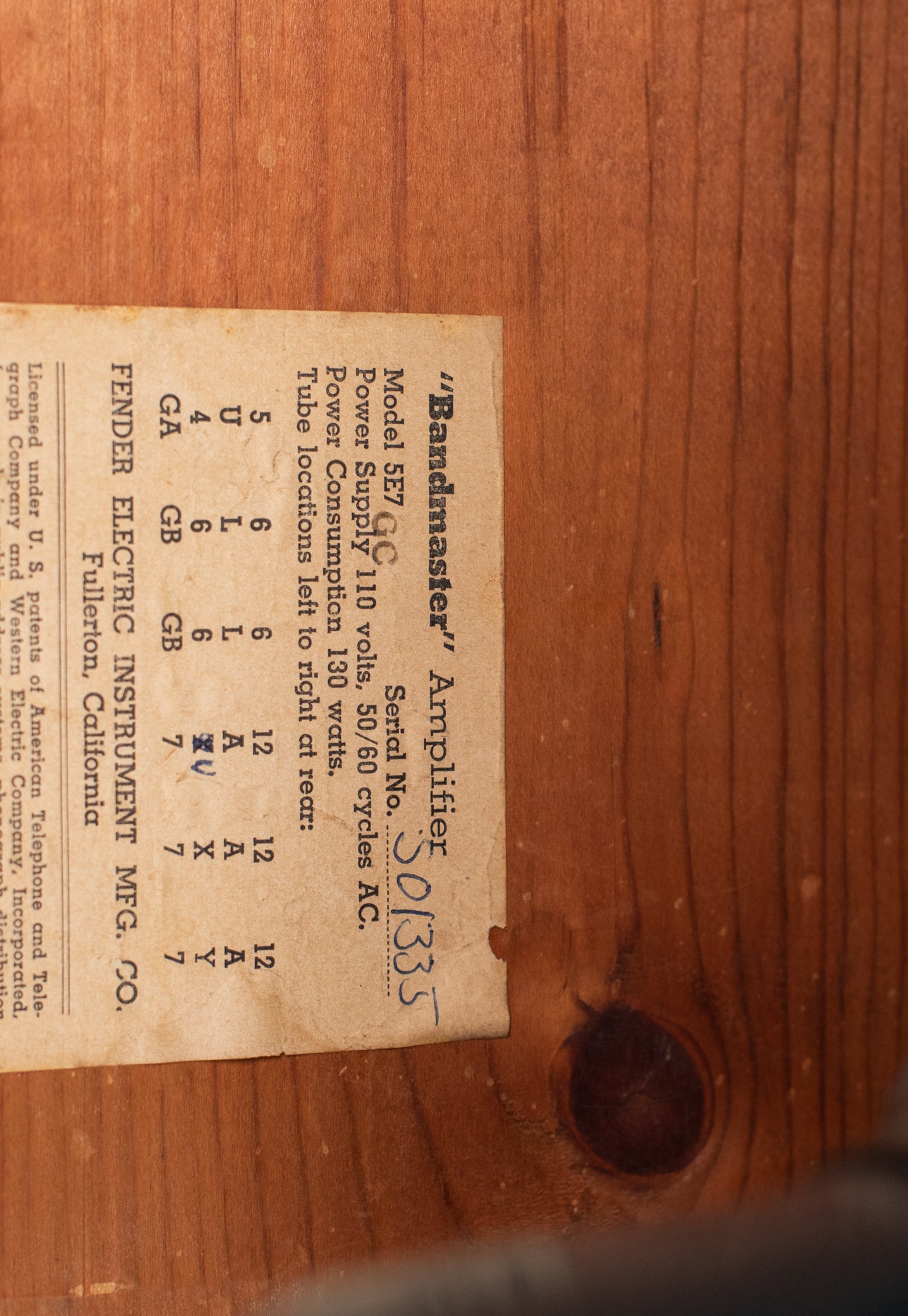 Fender Bandmaster 5E7 tube chart GC