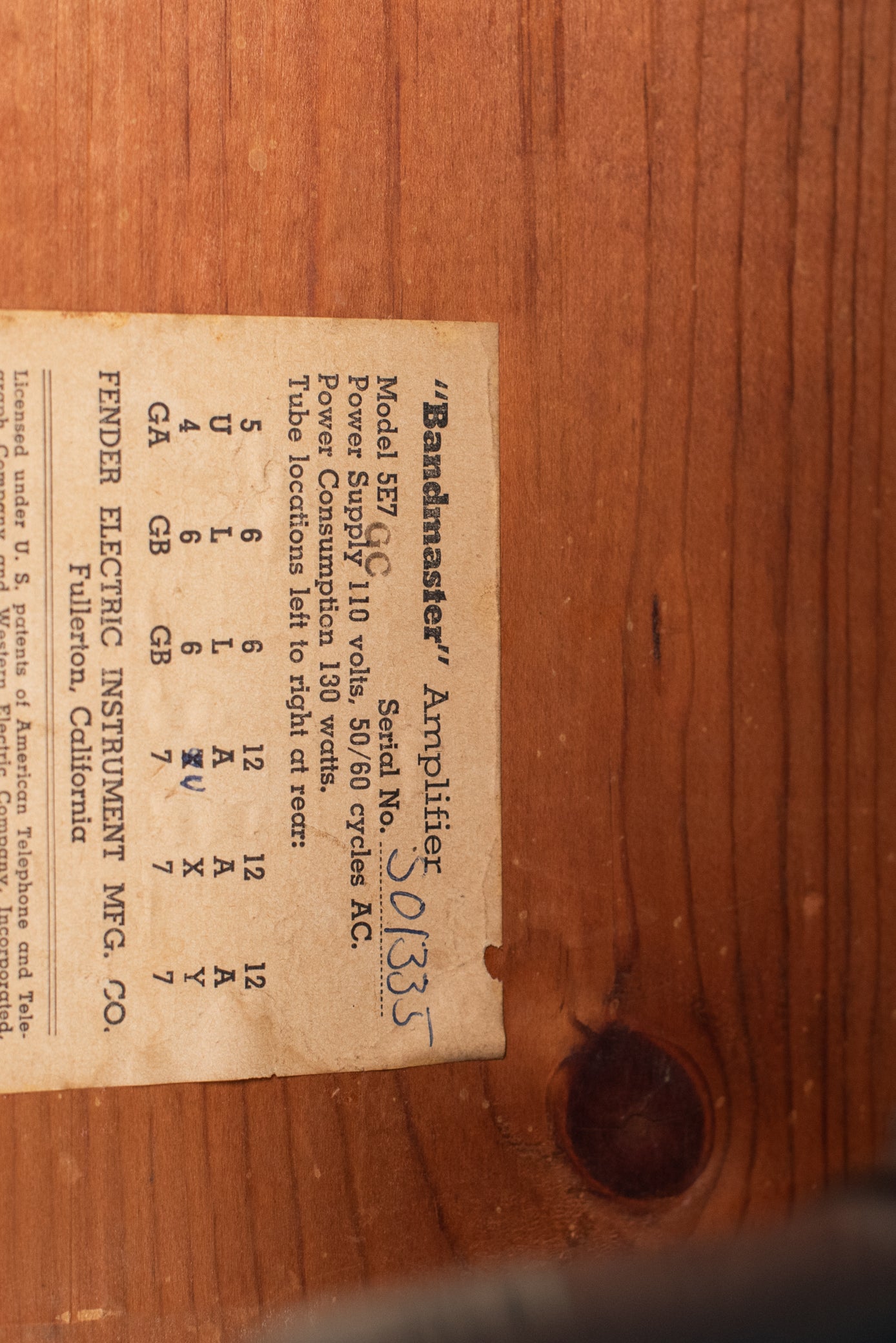 Fender Bandmaster 5E7 tube chart GC
