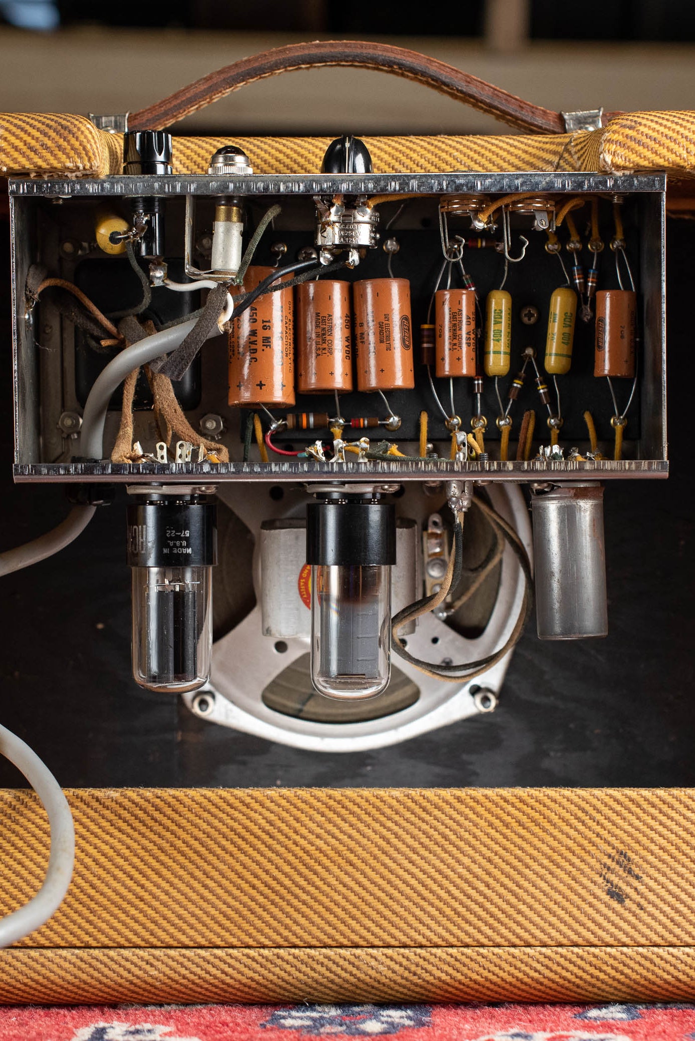 1957 Fender Champ chassis, Astron capacitors