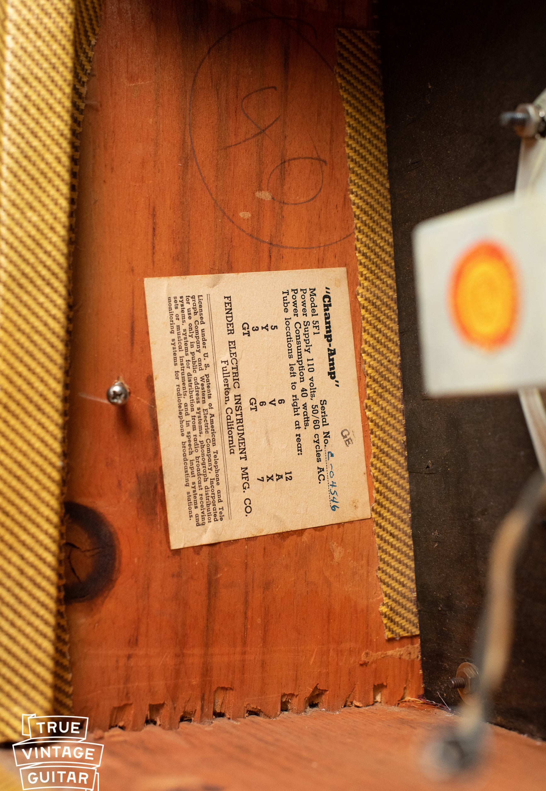 Tube chart, Vintage 1957 Fender Champ Amplifier tweed