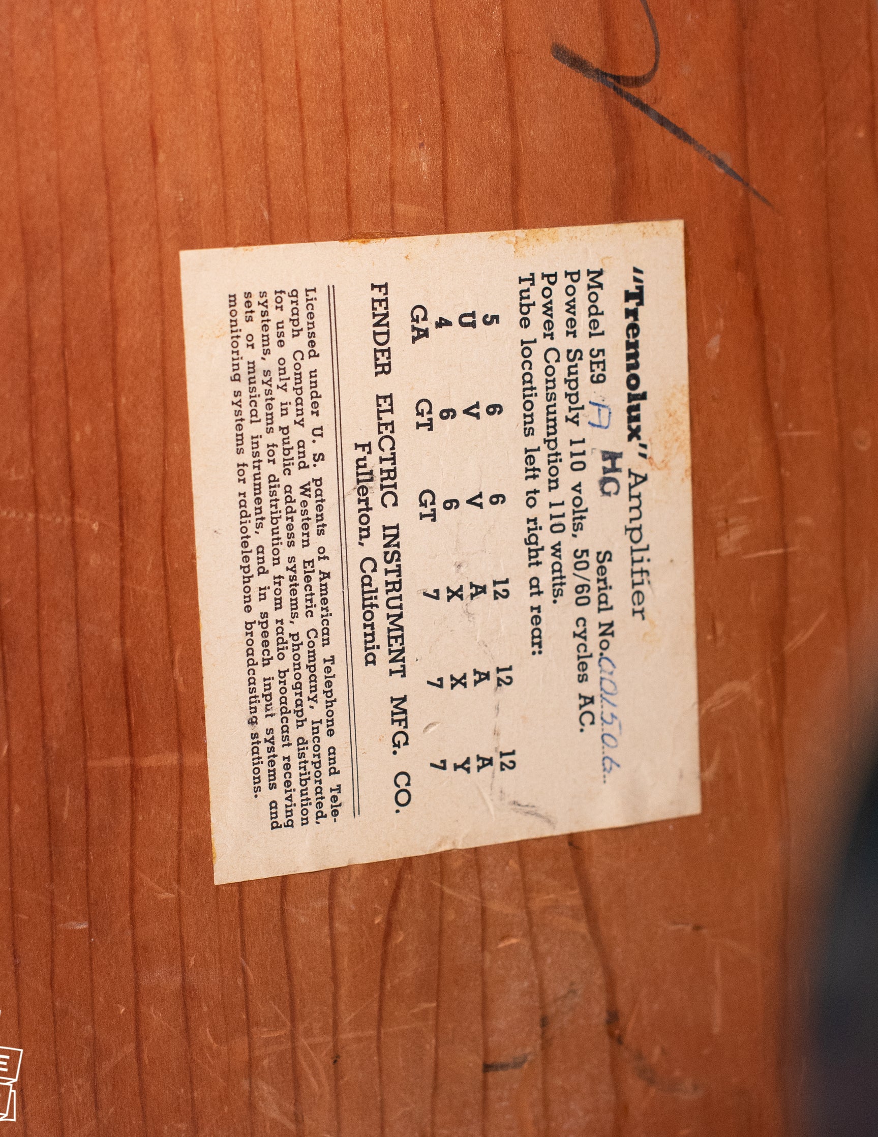 Fender Tremolux 1958 tube chart