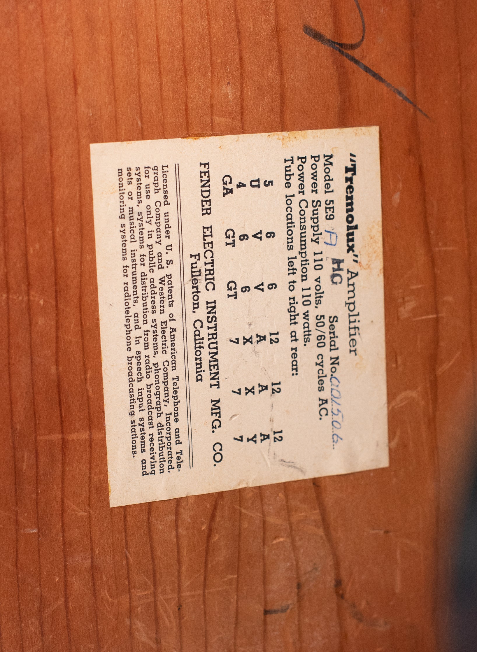 Fender Tremolux 1958 tube chart