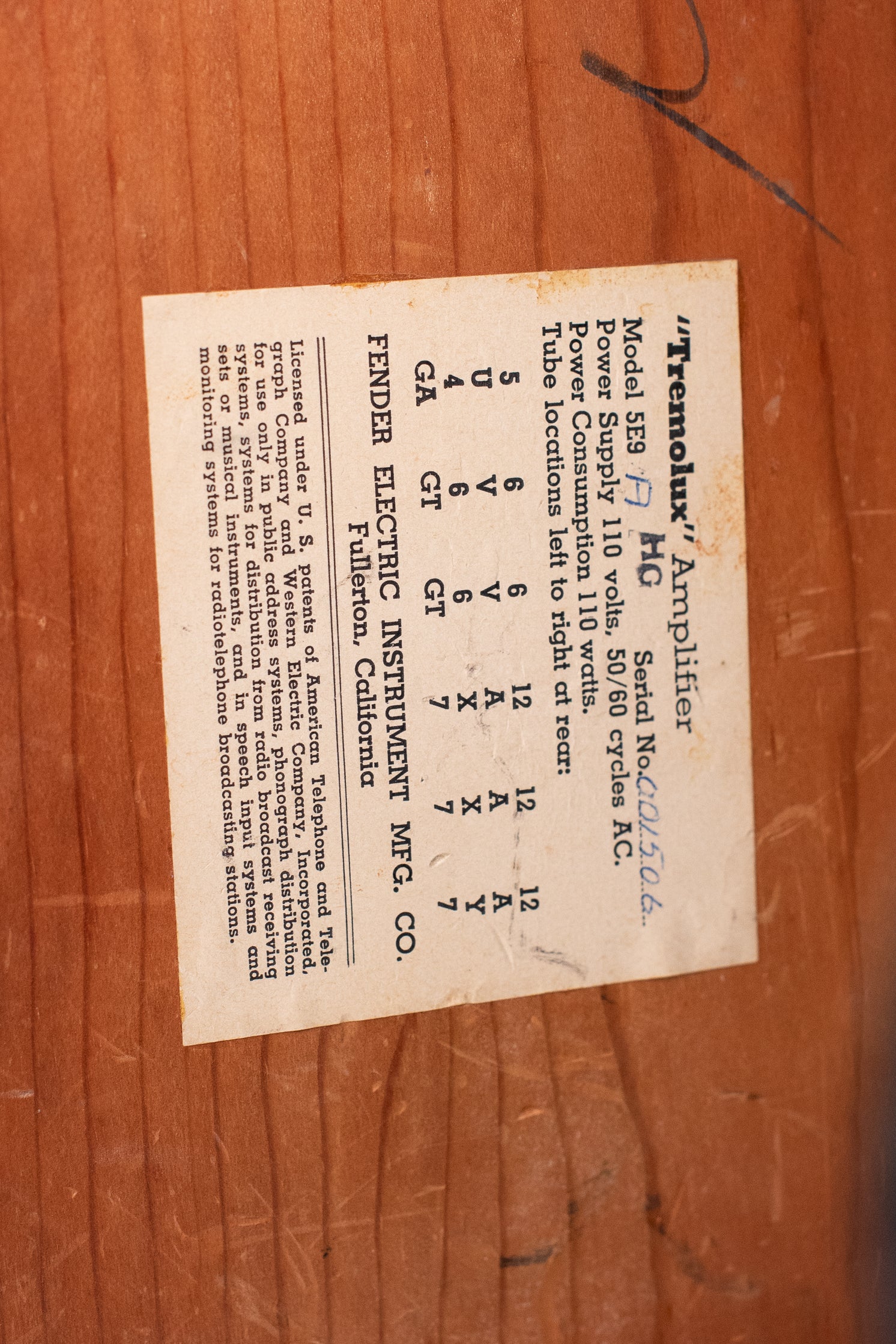 Fender Tremolux 1958 tube chart