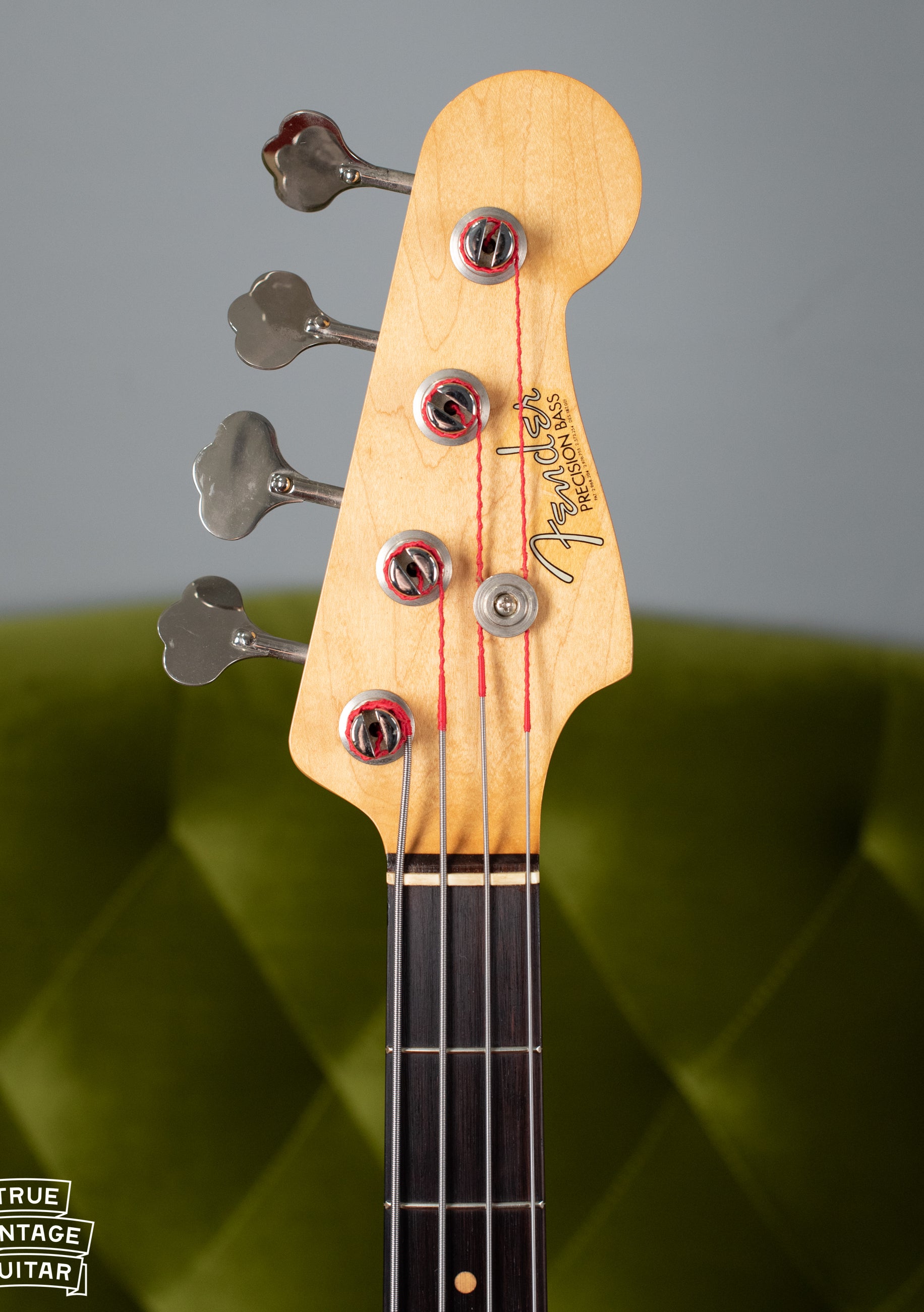 1963 Fender Precision Bass headstock, spaghetti style logo