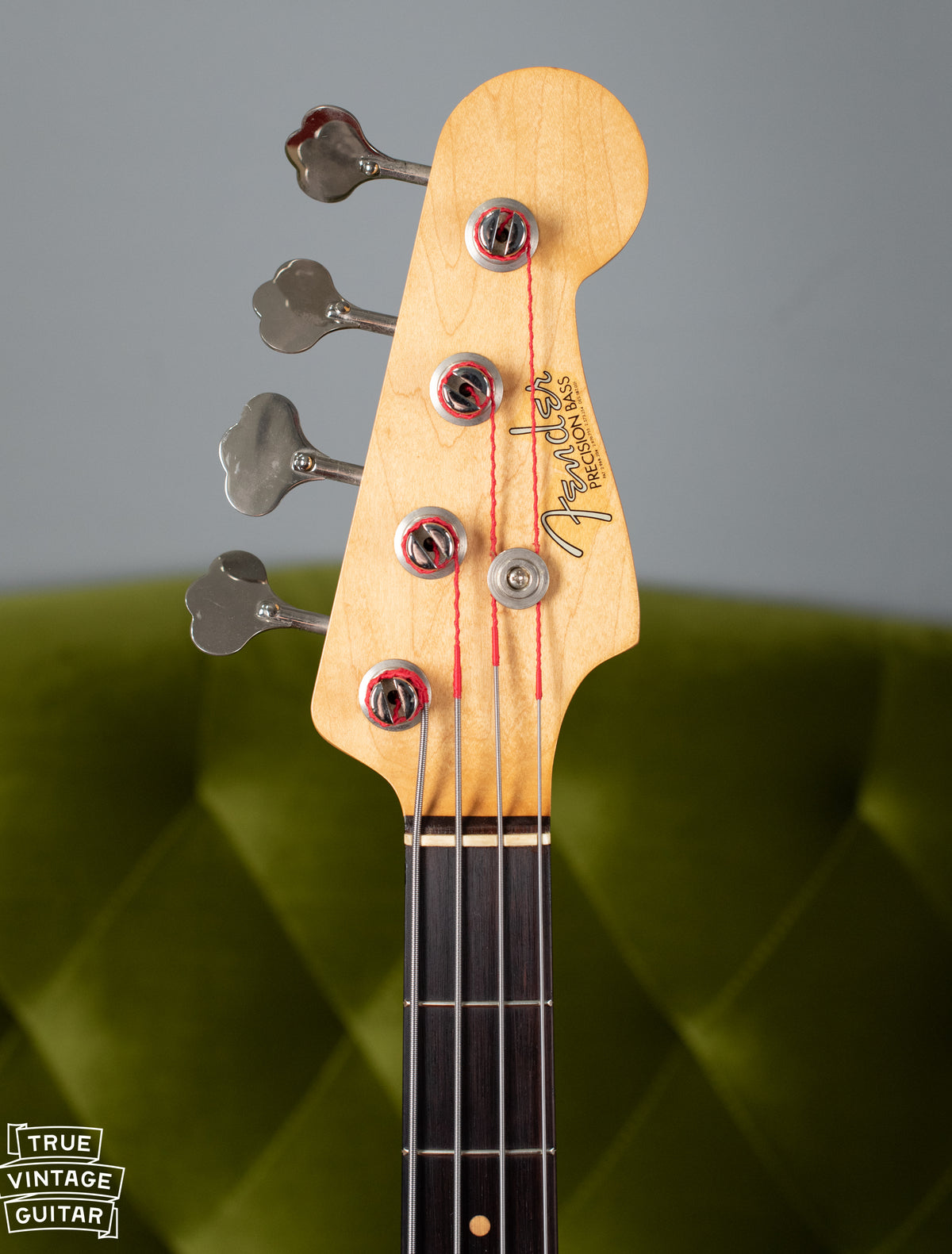 1963 Fender Precision Bass headstock, spaghetti style logo