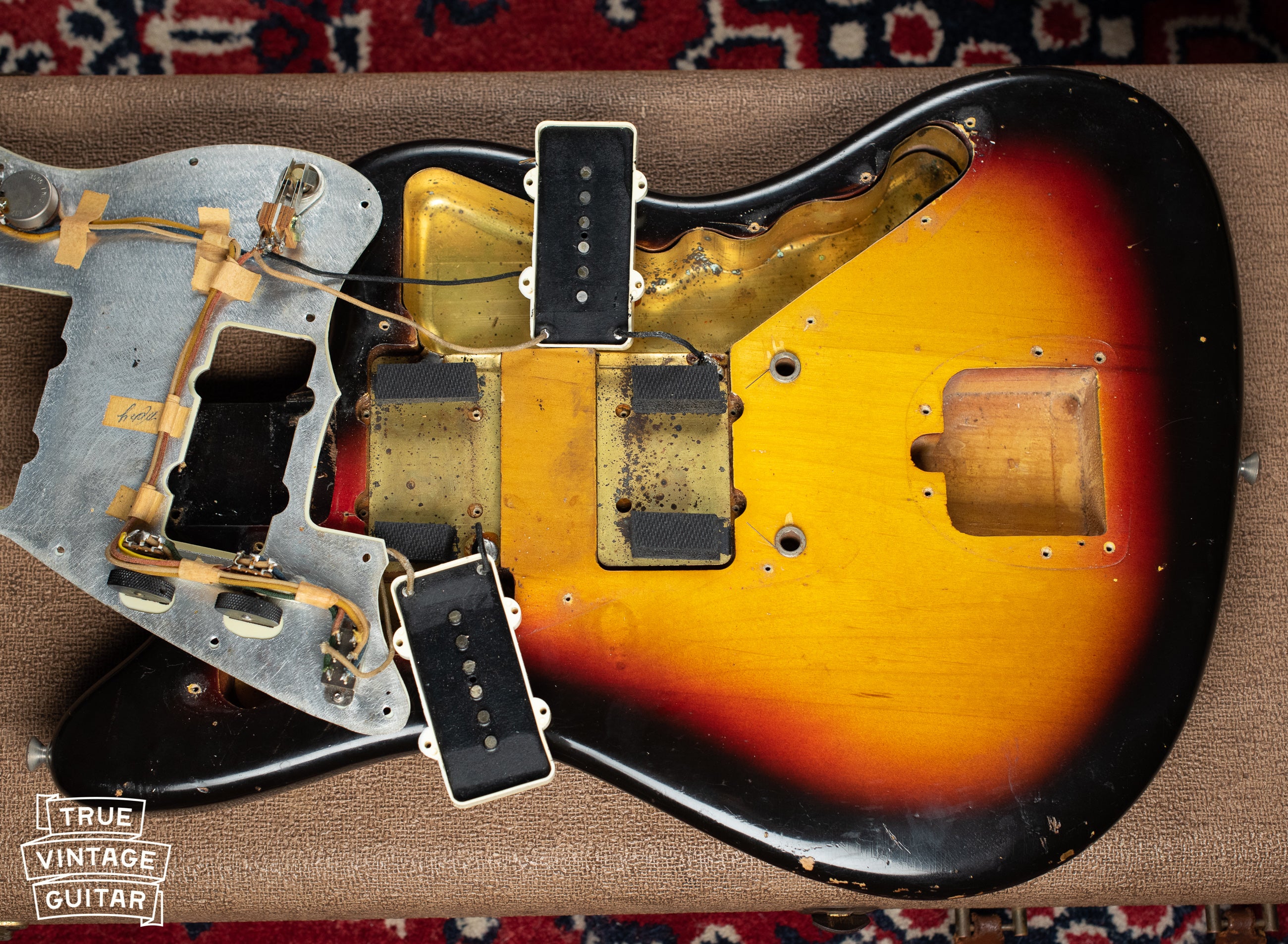 Under pickguard, "Mary" signature, Vintage 1963 Fender Jazzmaster electric guitar