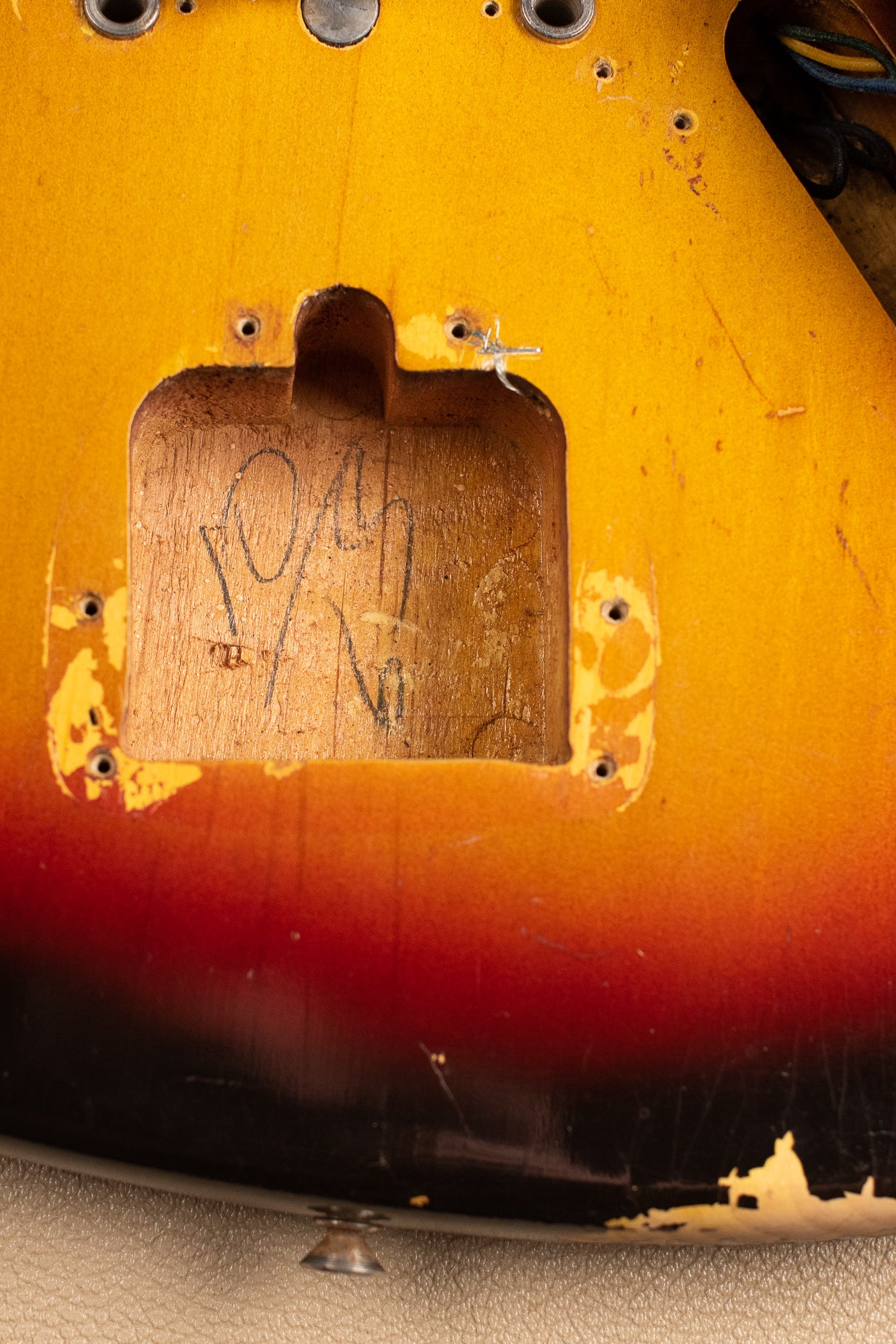 10/63 pencil date, tremolo cavity, Vintage 1963 Fender Jaguar Sunburst guitar