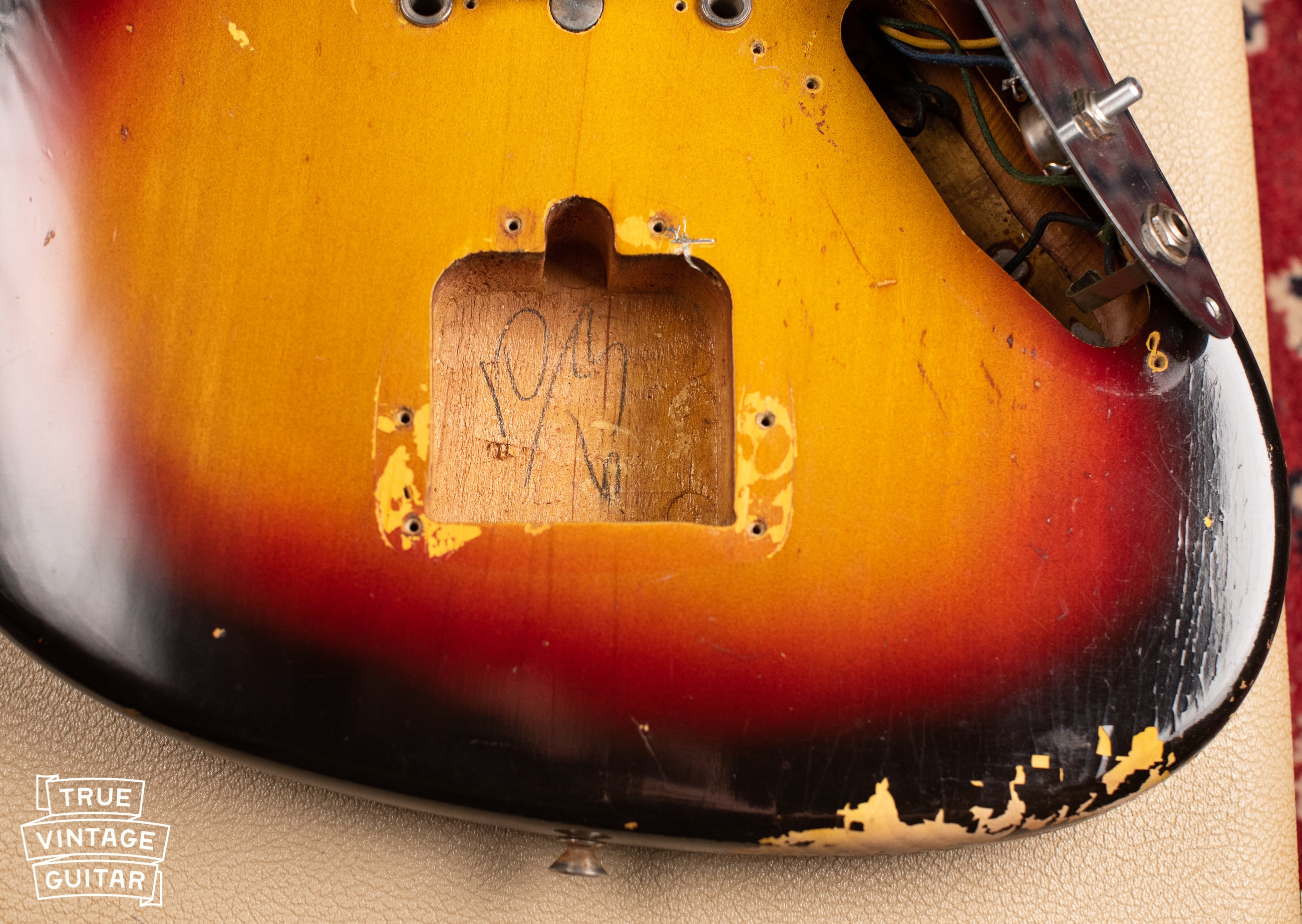 10/63 pencil date, tremolo cavity, Vintage 1963 Fender Jaguar Sunburst guitar