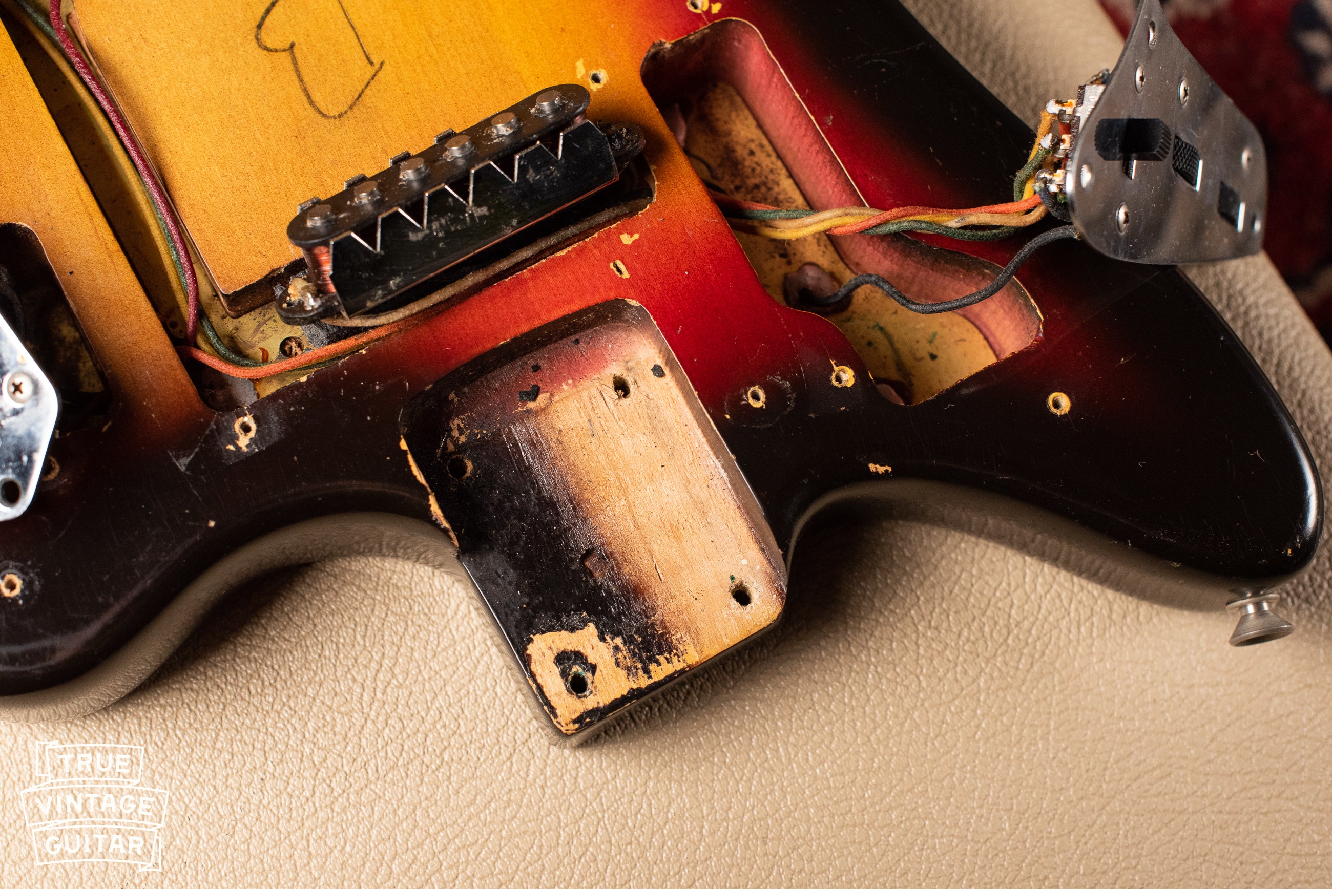 Neck pocket, Vintage 1963 Fender Jaguar Sunburst guitar