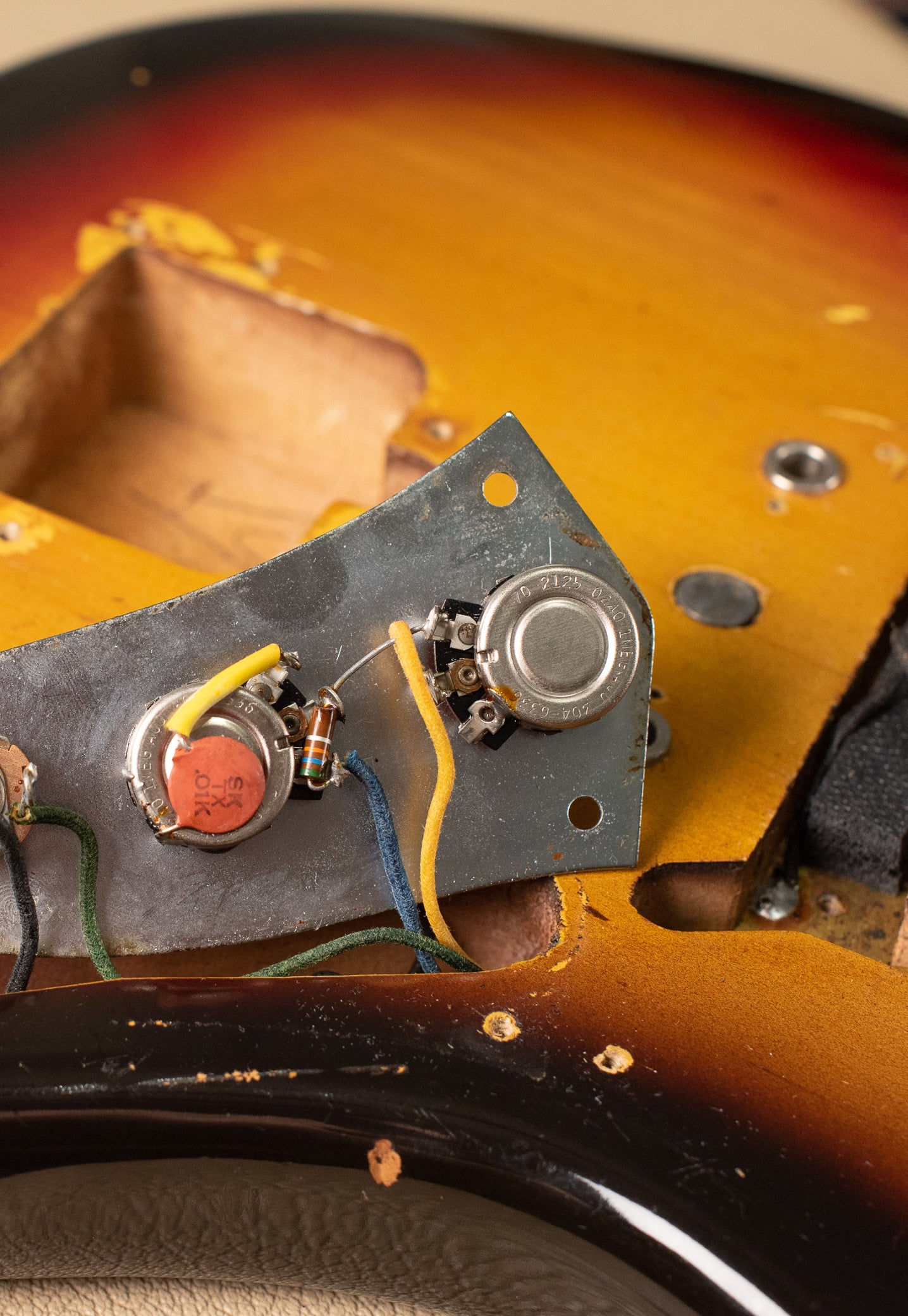 Control plate, electronics, potentiometers, Vintage 1963 Fender Jaguar Sunburst guitar