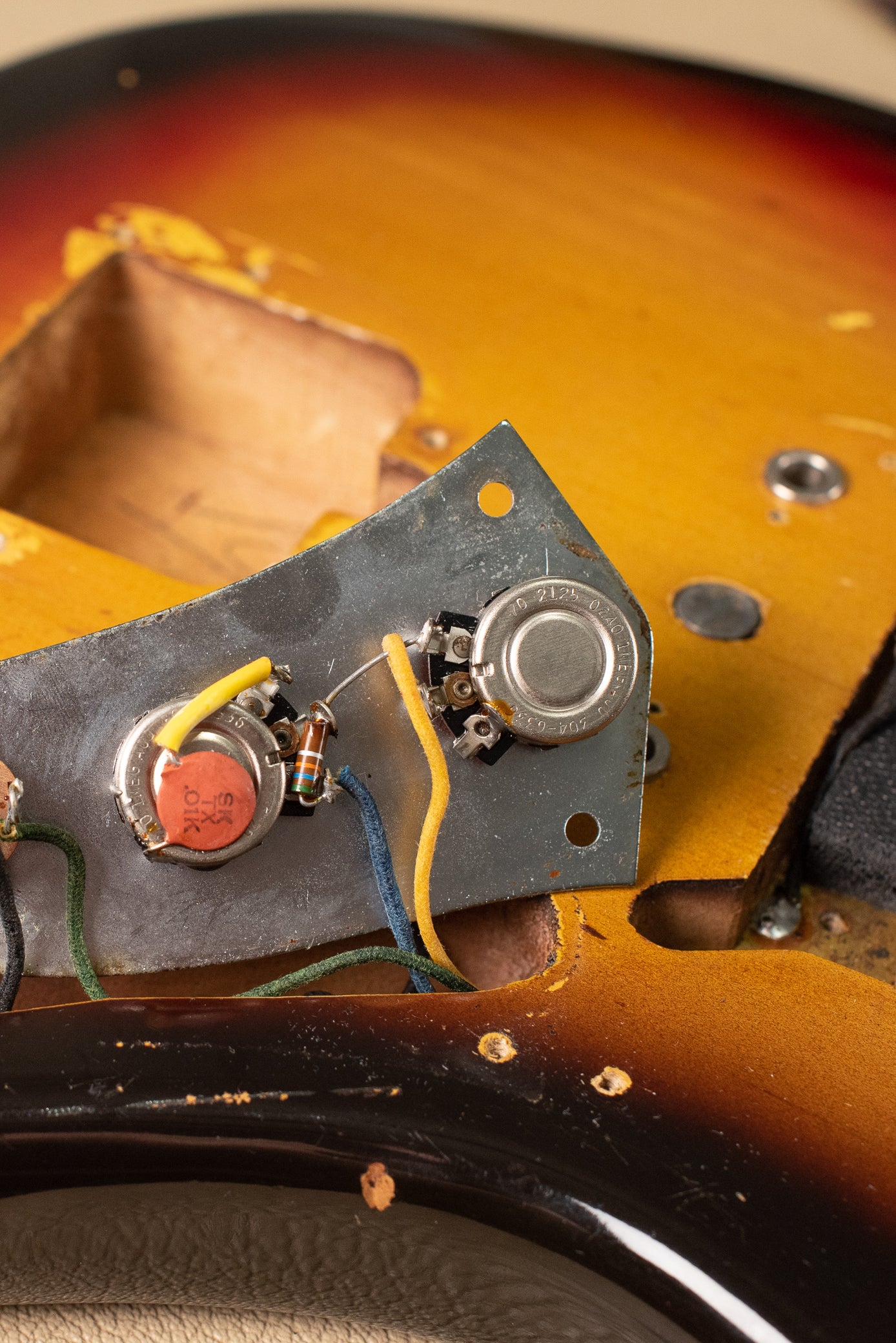 Control plate, electronics, potentiometers, Vintage 1963 Fender Jaguar Sunburst guitar