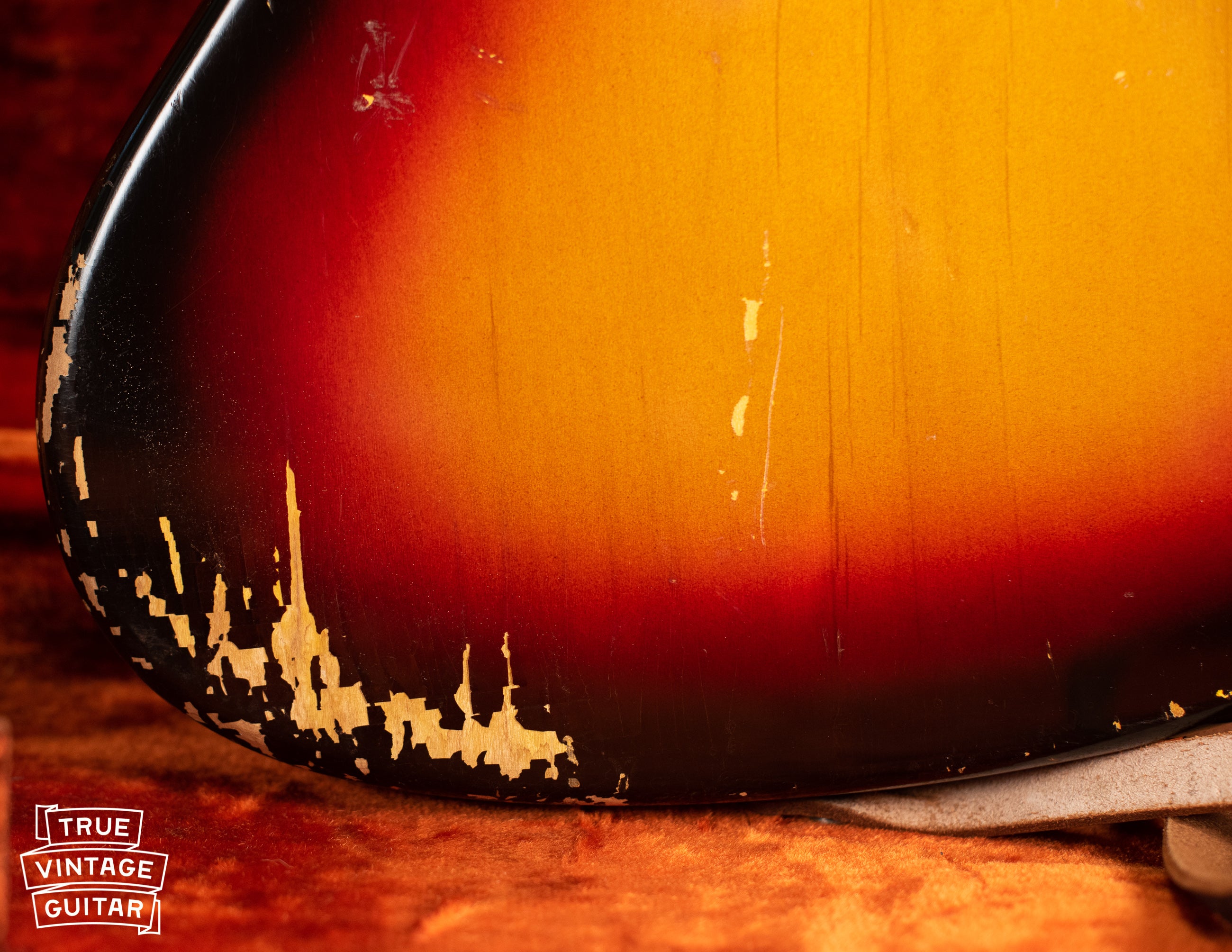 Finish flaking, Vintage 1963 Fender Jaguar Sunburst guitar