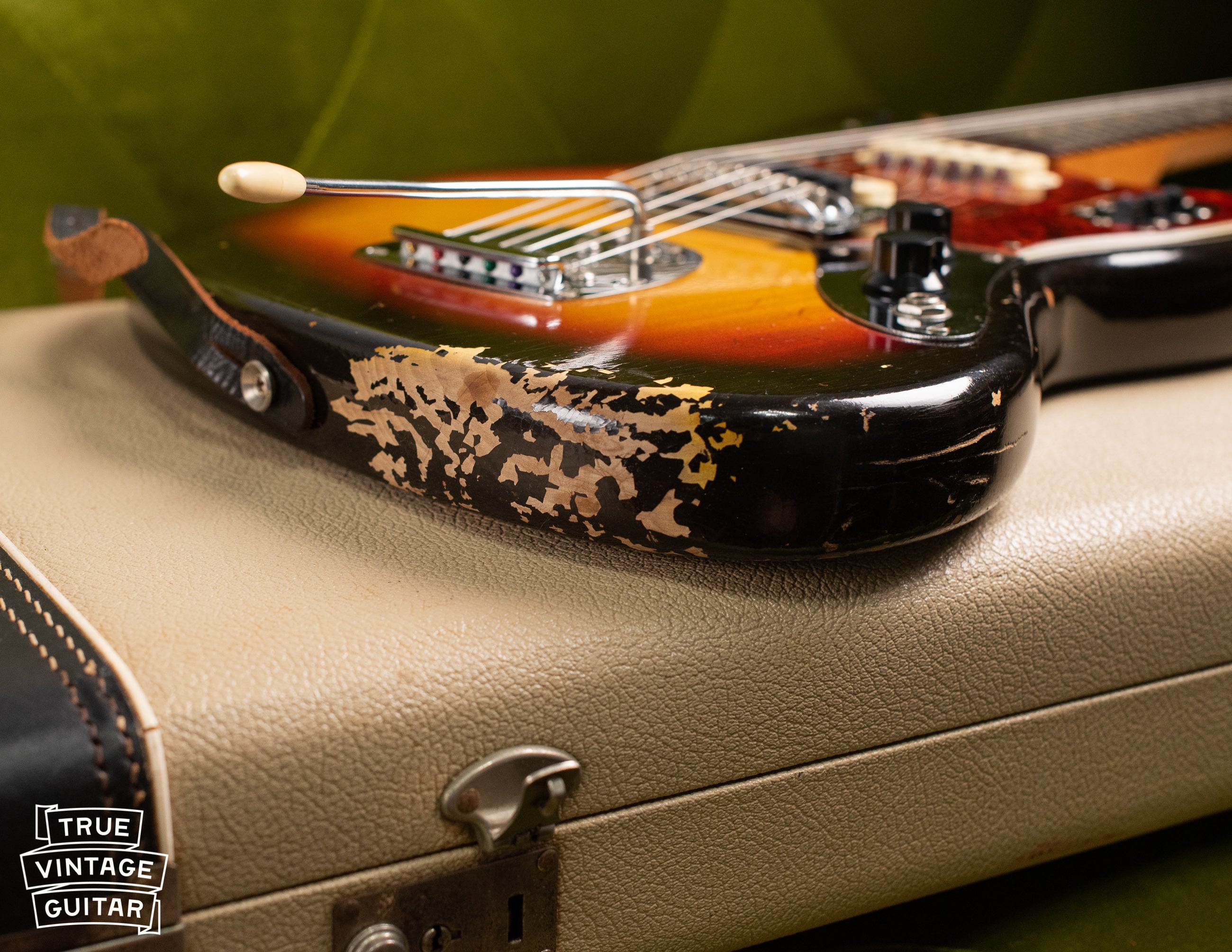 Finish flaking, Vintage 1963 Fender Jaguar Sunburst guitar