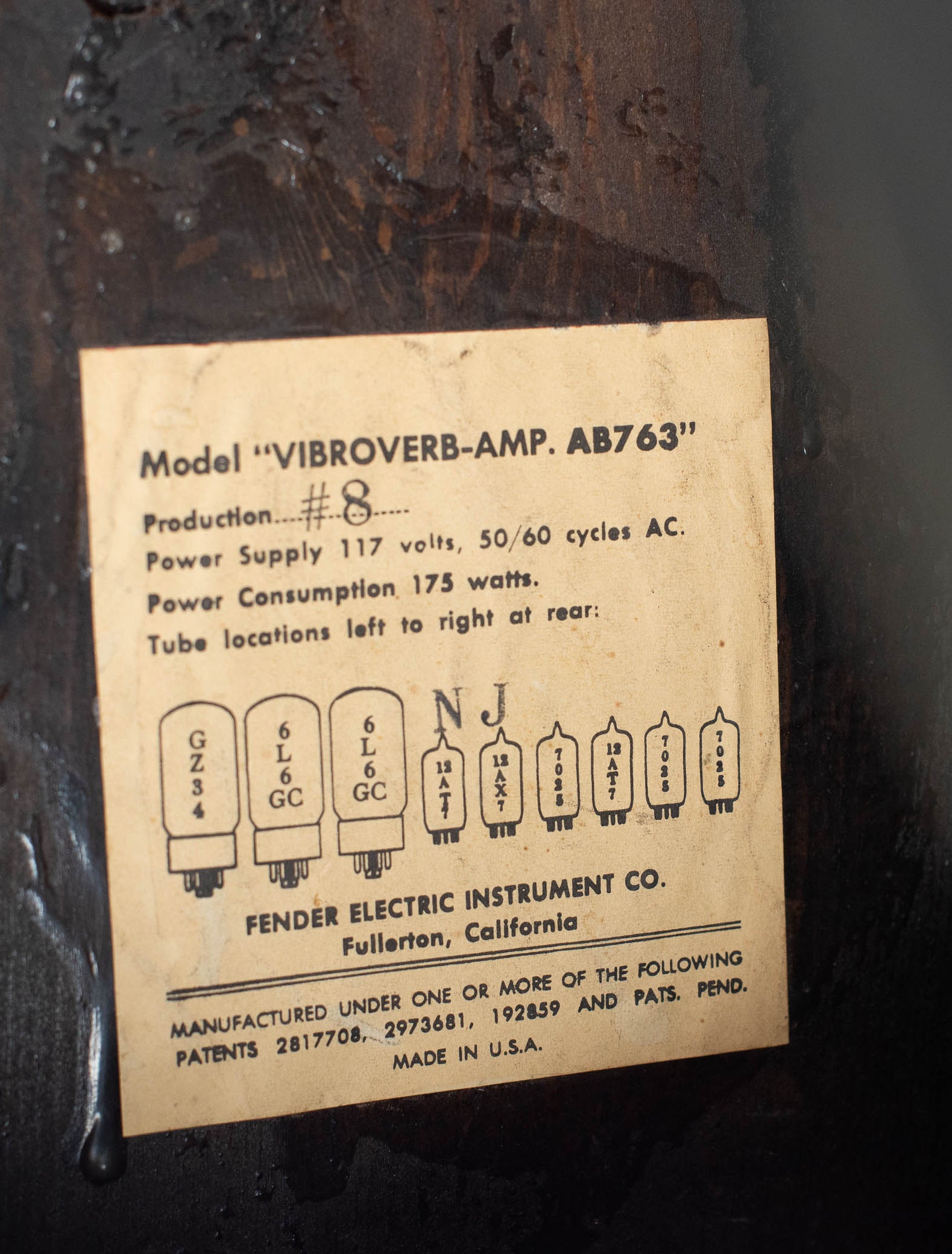 1964 Fender Vibroverb tube chart NJ