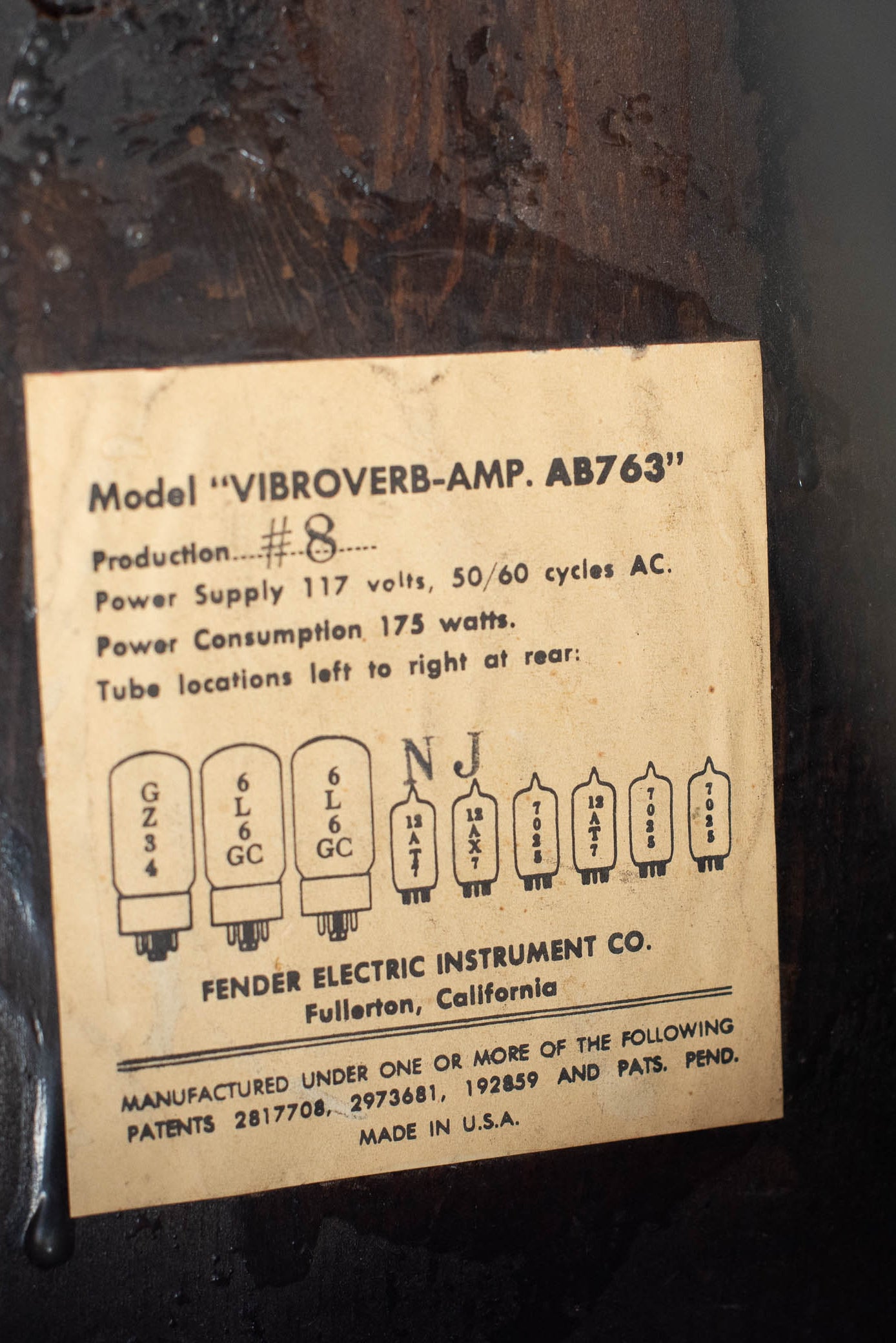 1964 Fender Vibroverb tube chart NJ