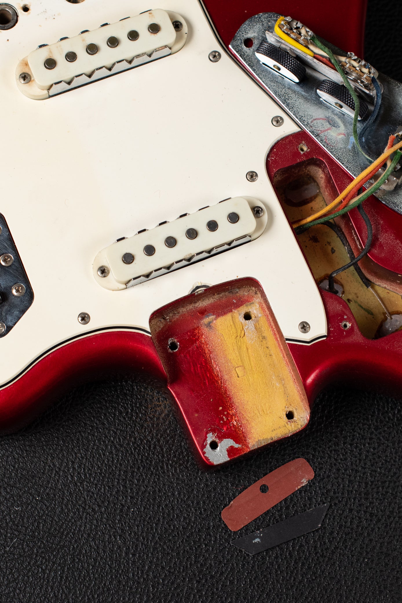 Neck pocket paint stick mark, Candy Apple Red Metallic custom color Fender Jaguar 1965