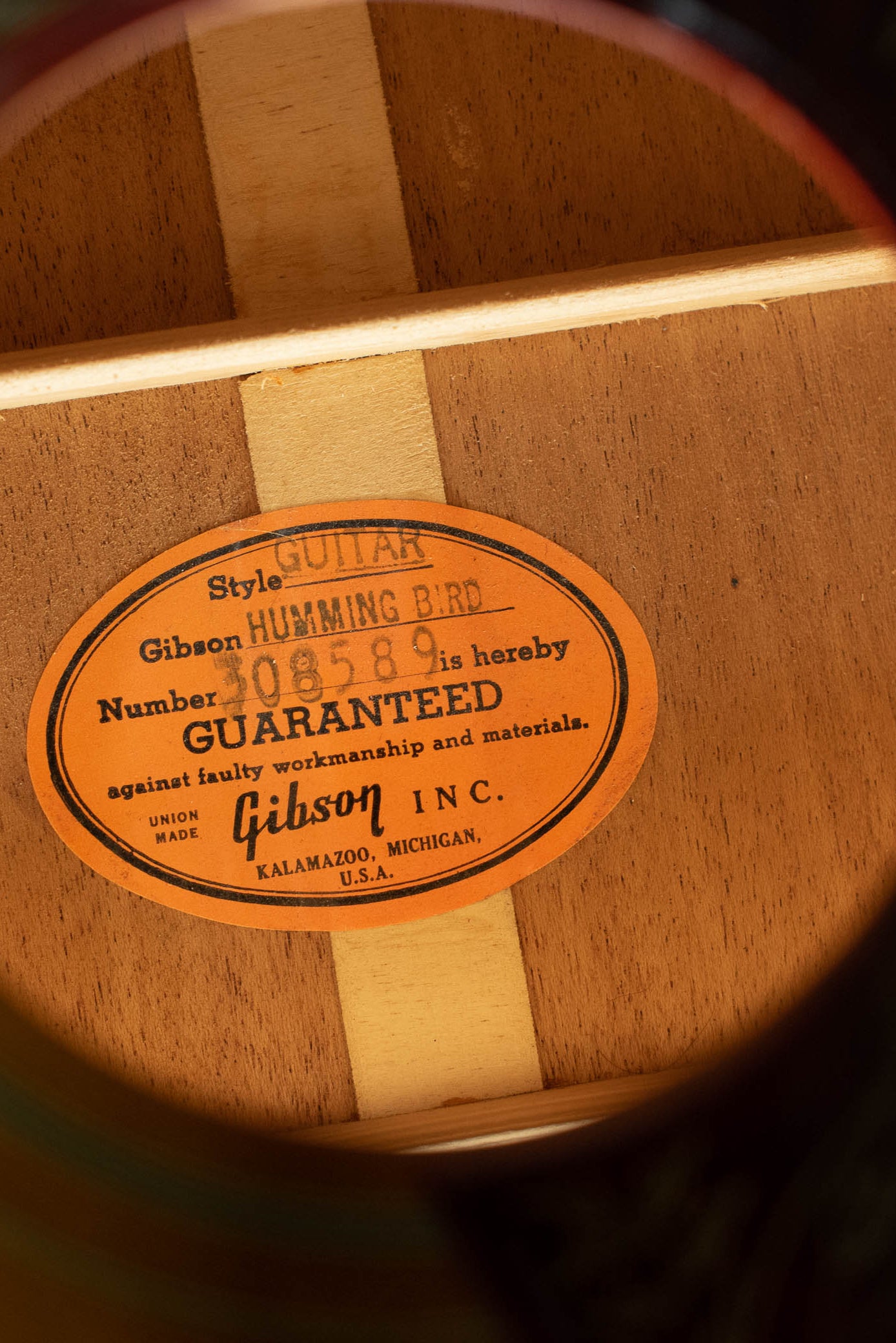 Gibson Hummingbird label 1965