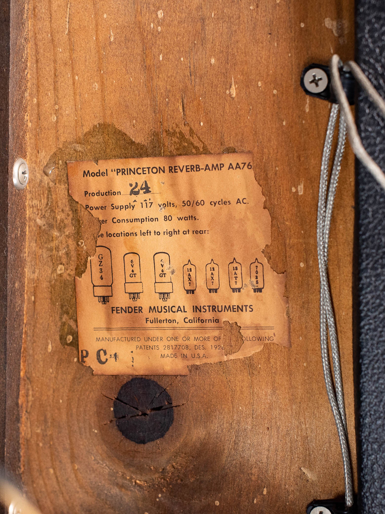 Tube chart, vintage Fender Princeton Reverb 1966