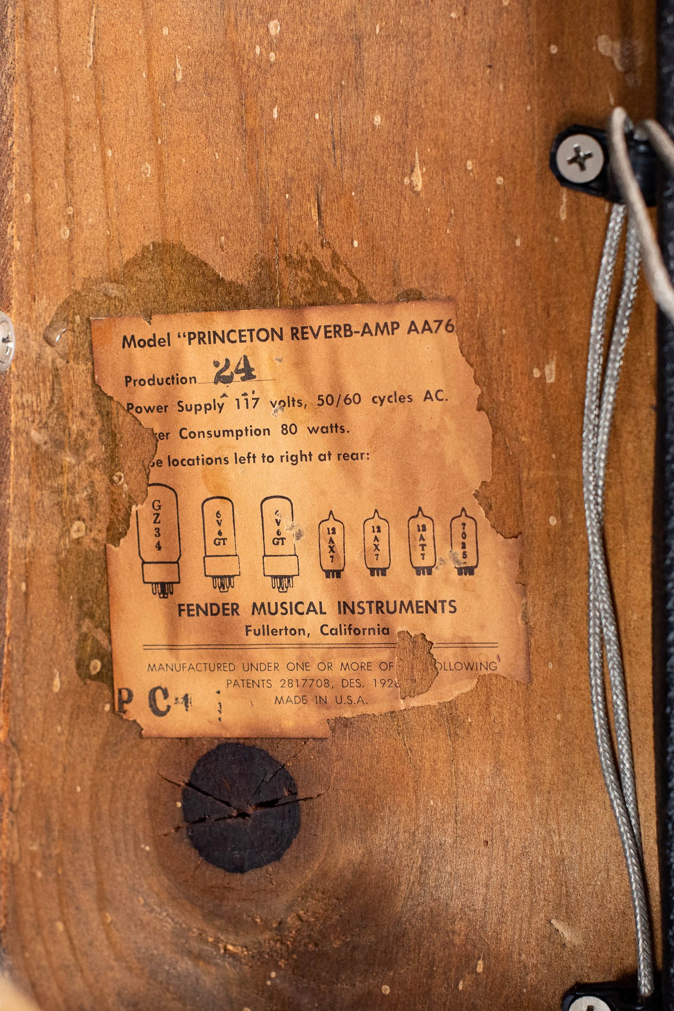 Tube chart, vintage Fender Princeton Reverb 1966