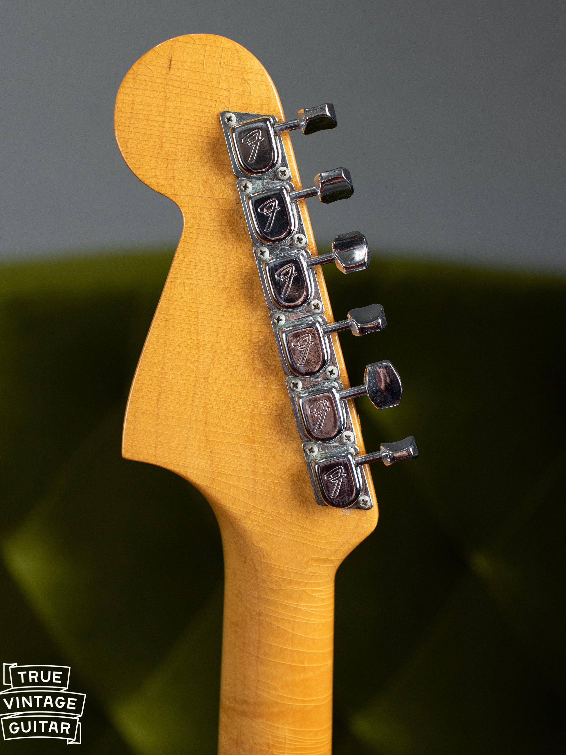 Vintage 1966 Fender Jaguar headstock, F logo tuners