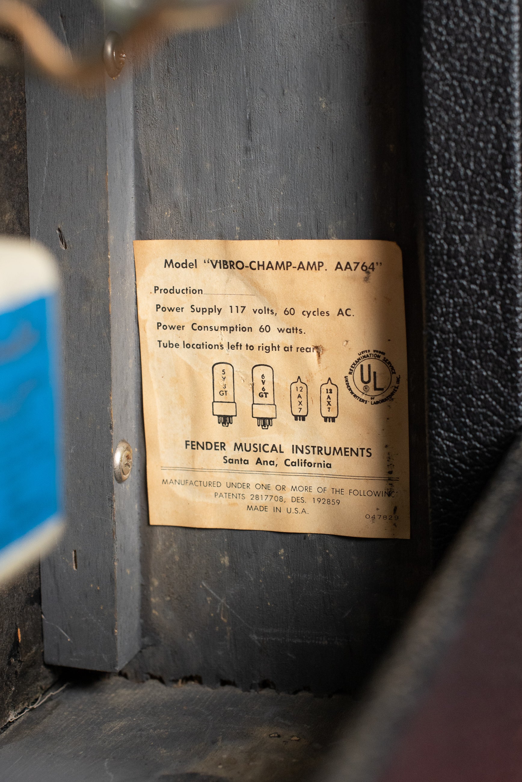 Tube chart, 1969 Fender Vibro Champ Amplifier