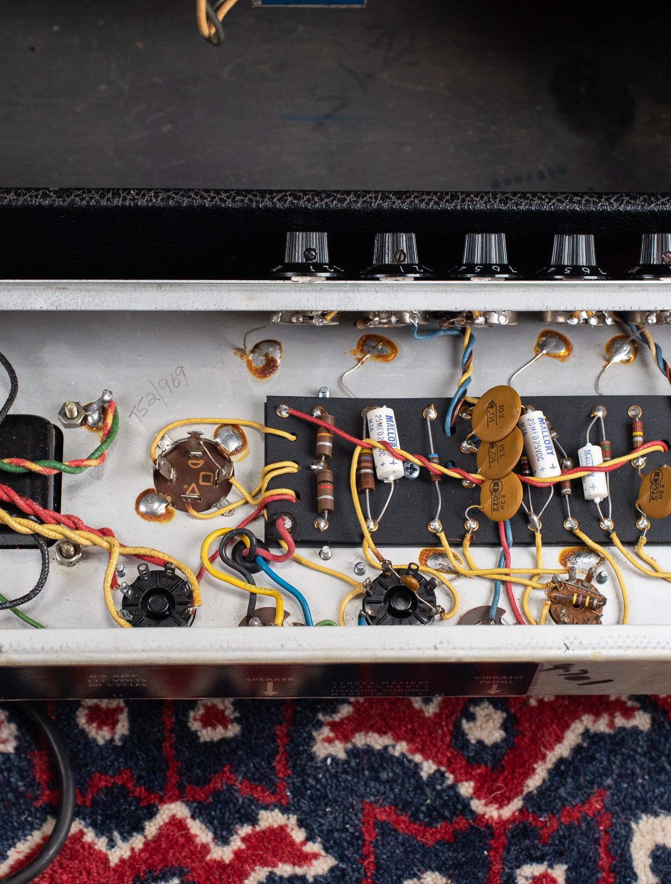 Circuit board, tag board, capacitors, 1969 Fender Vibro Champ Amp guitar amplifier